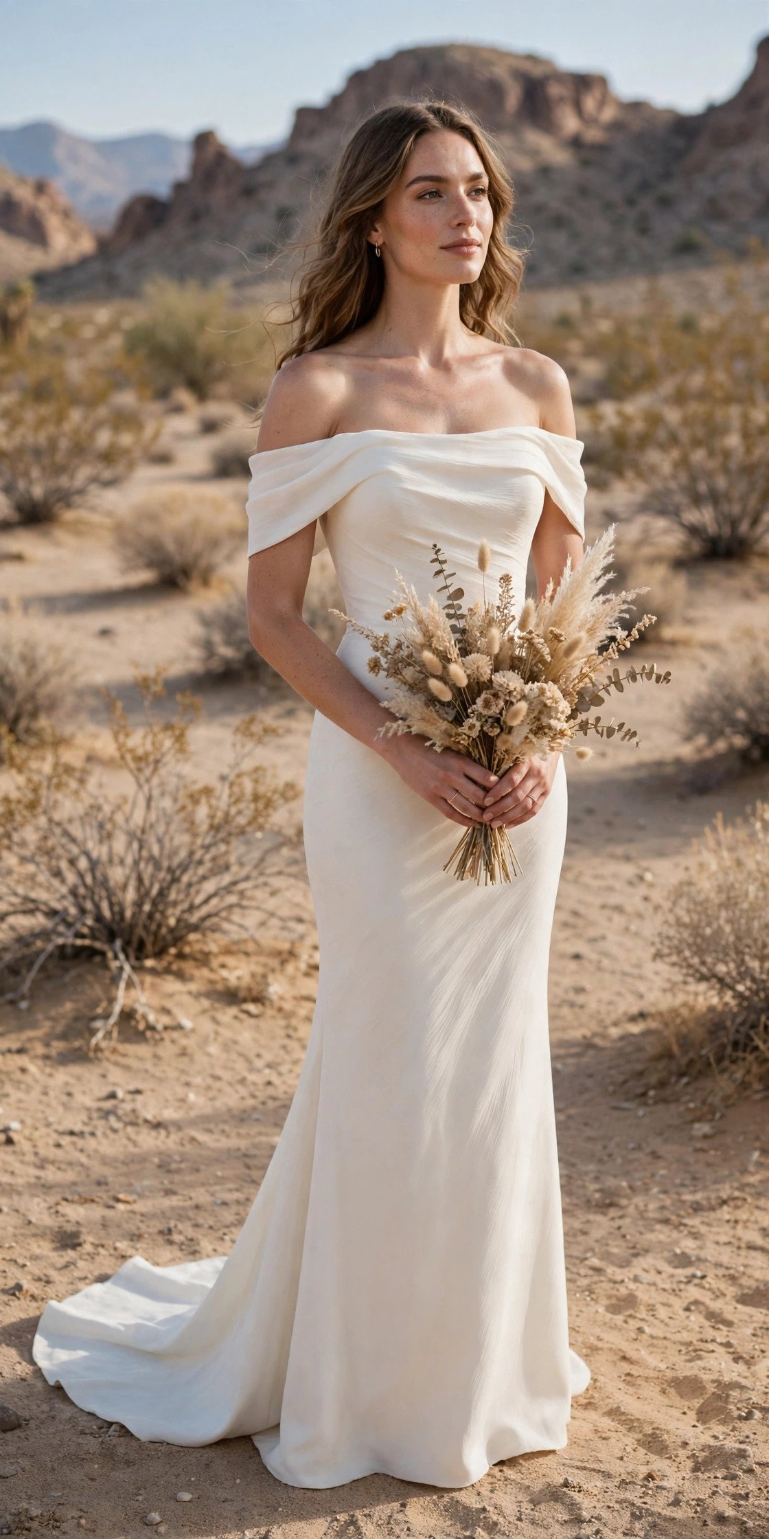 Off-Shoulder Crepe Gown With a Short Train — desert wedding dresses idea for a 2027 wedding