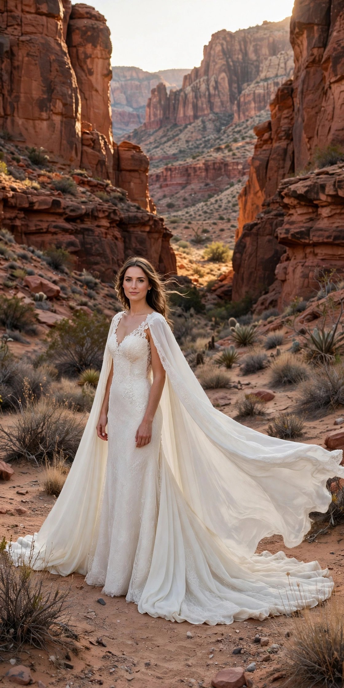 Cape-Back Gown for a Dramatic Canyon Entrance — desert wedding dresses idea for a 2027 wedding