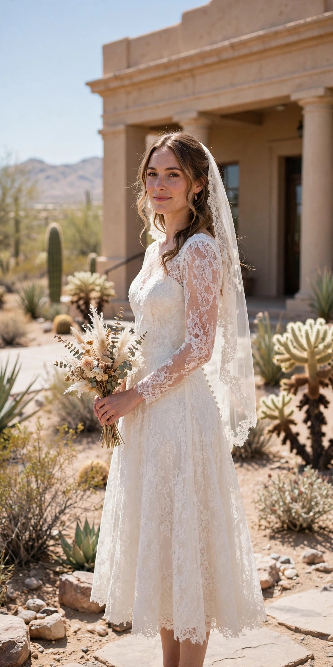 Lace Tea-Length Dress for a Desert Courthouse Day — desert wedding dresses idea for a 2027 wedding