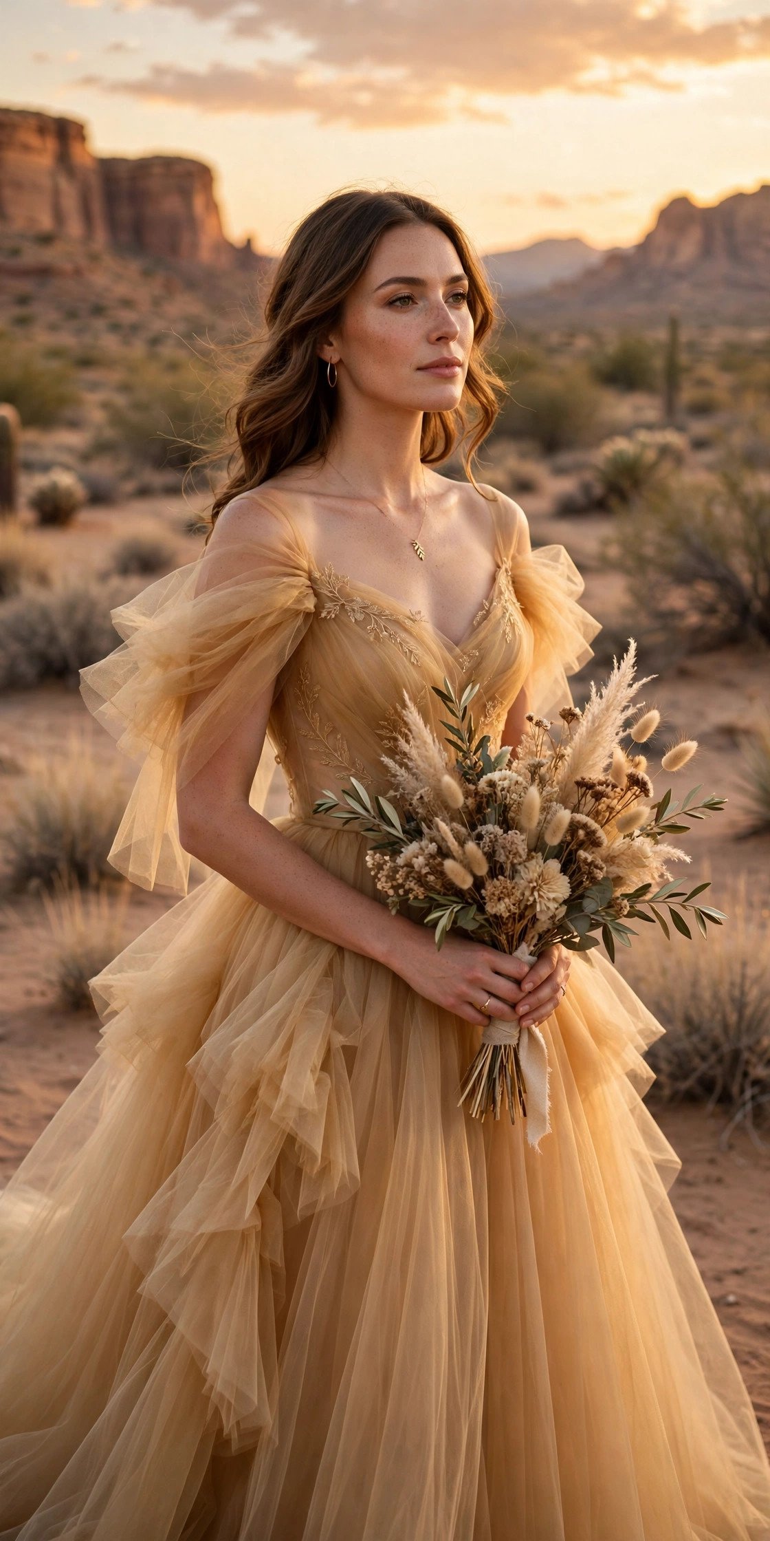 Golden-Toned Tulle Gown for Sunset Vows — desert wedding dresses idea for a 2027 wedding