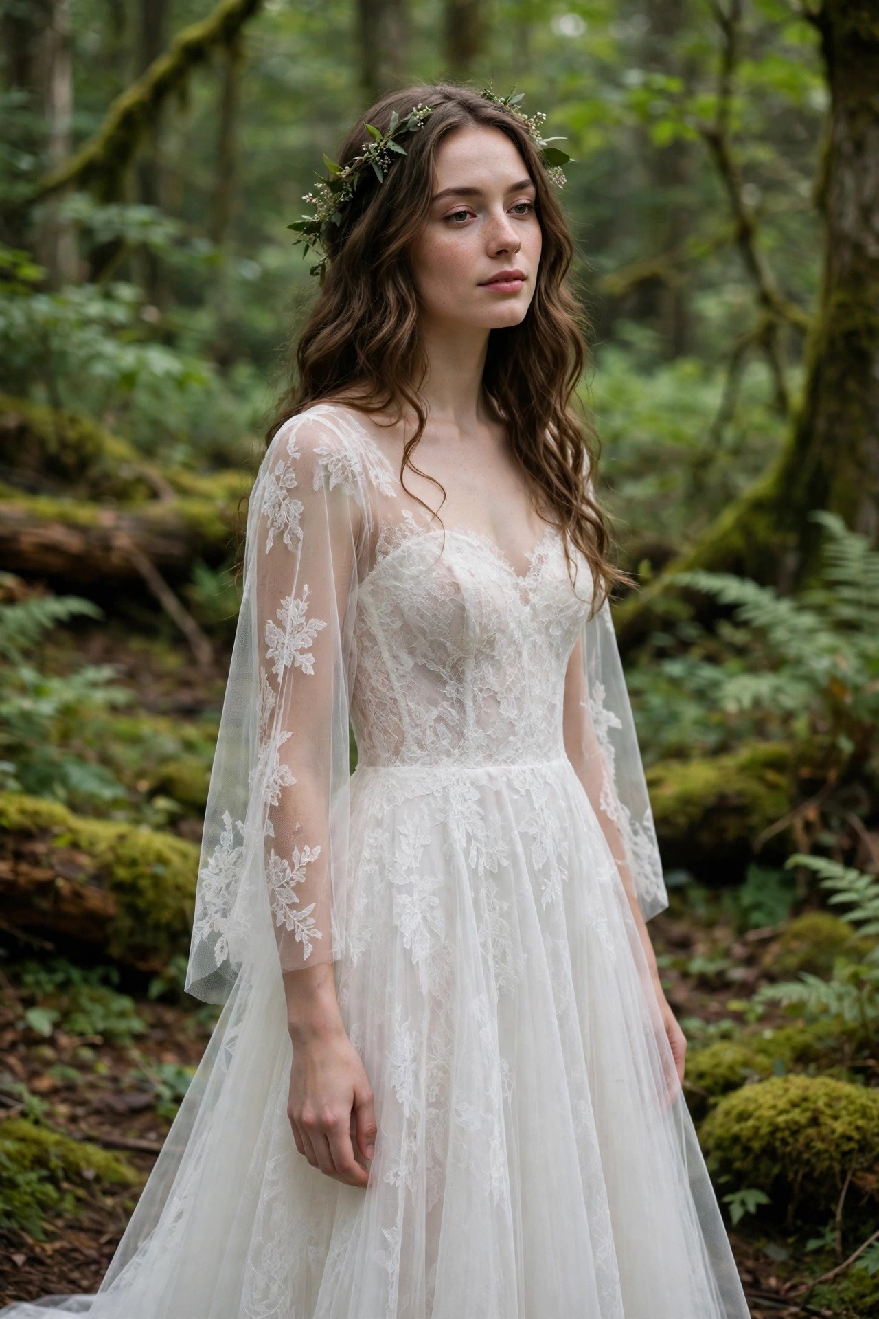 Ethereal Lace A-Line With Sheer Sleeves — forest wedding dresses idea for a 2027 wedding