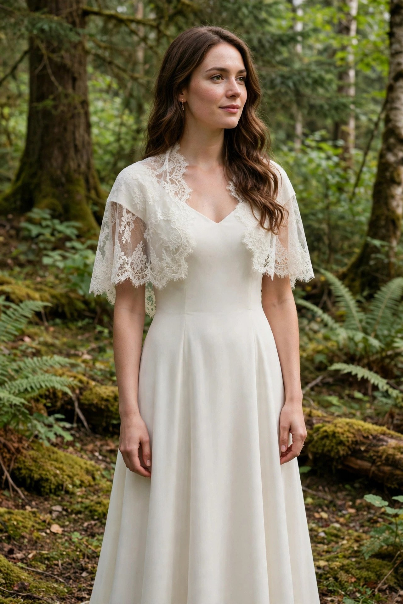 Simple Crepe Gown With a Lace Capelet — forest wedding dresses idea for a 2027 wedding