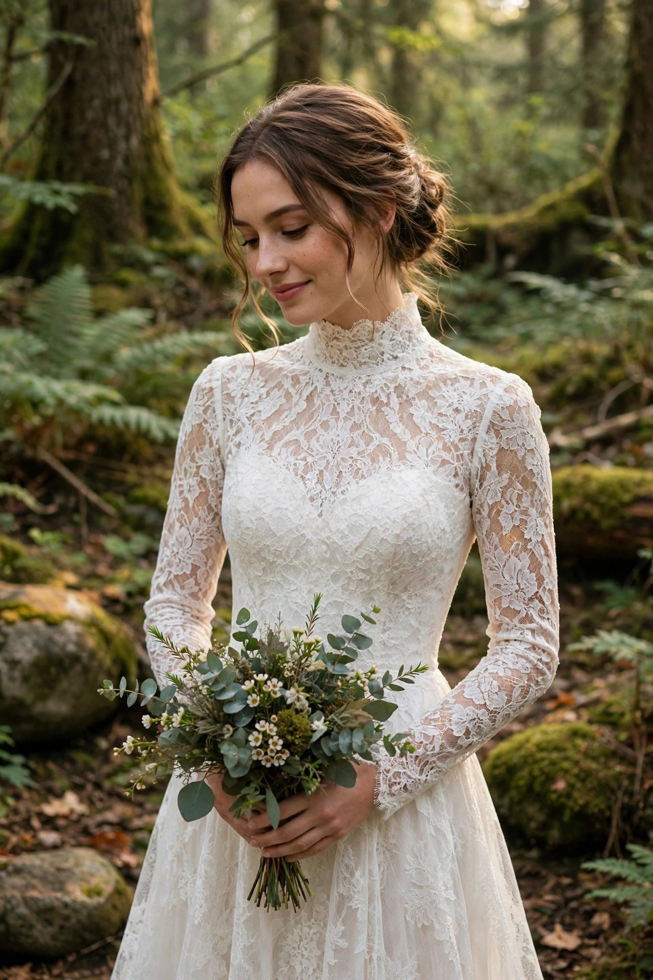 High-Neck Lace Gown With an Open Back — forest wedding dresses idea for a 2027 wedding