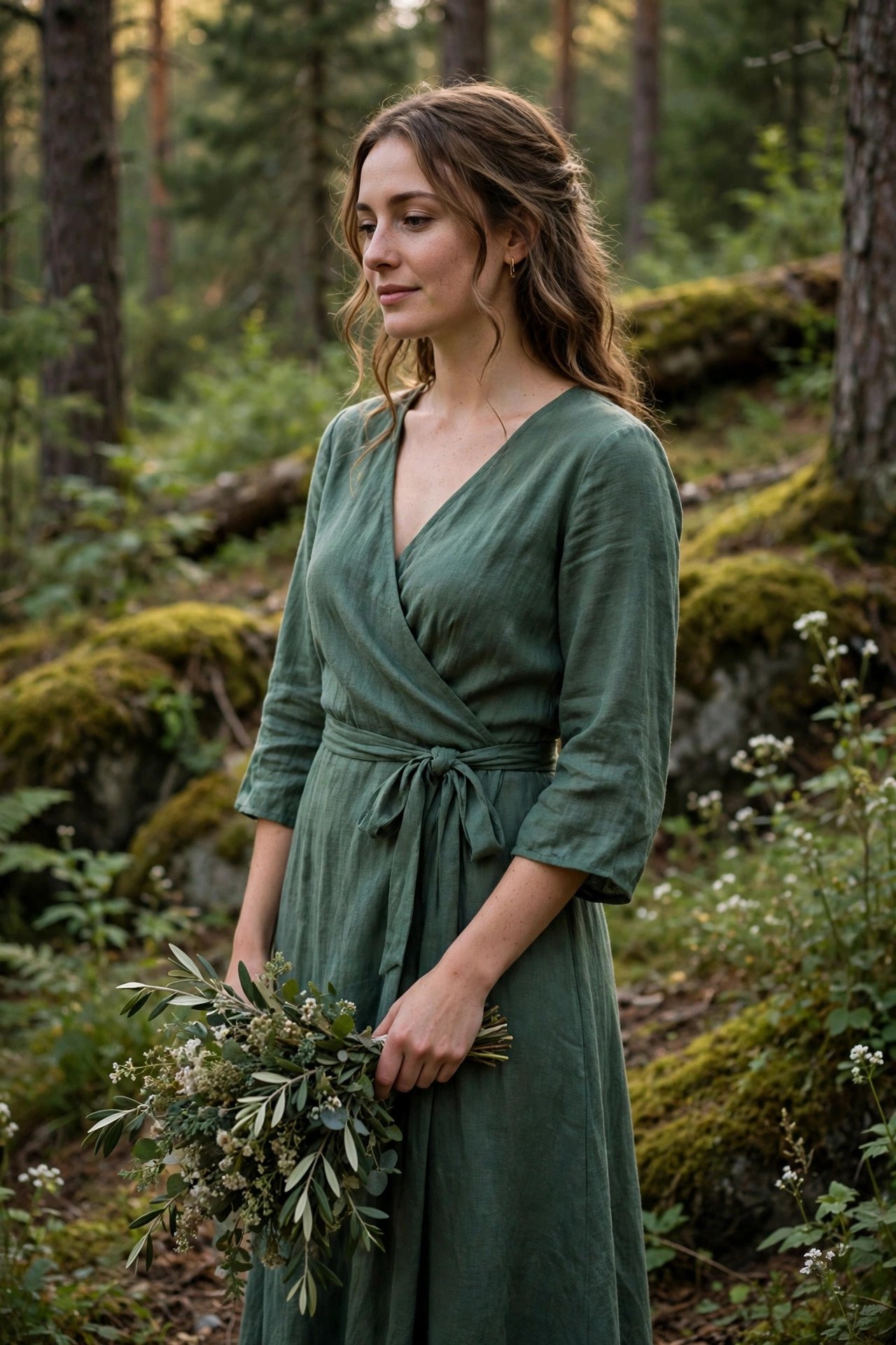 Wrap-Style Dress With Three-Quarter Sleeves — forest wedding dresses idea for a 2027 wedding