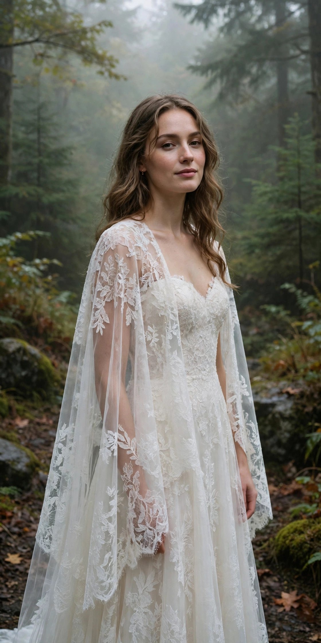 Cape-Sleeve Gown for a Misty Morning Ceremony — forest wedding dresses idea for a 2027 wedding