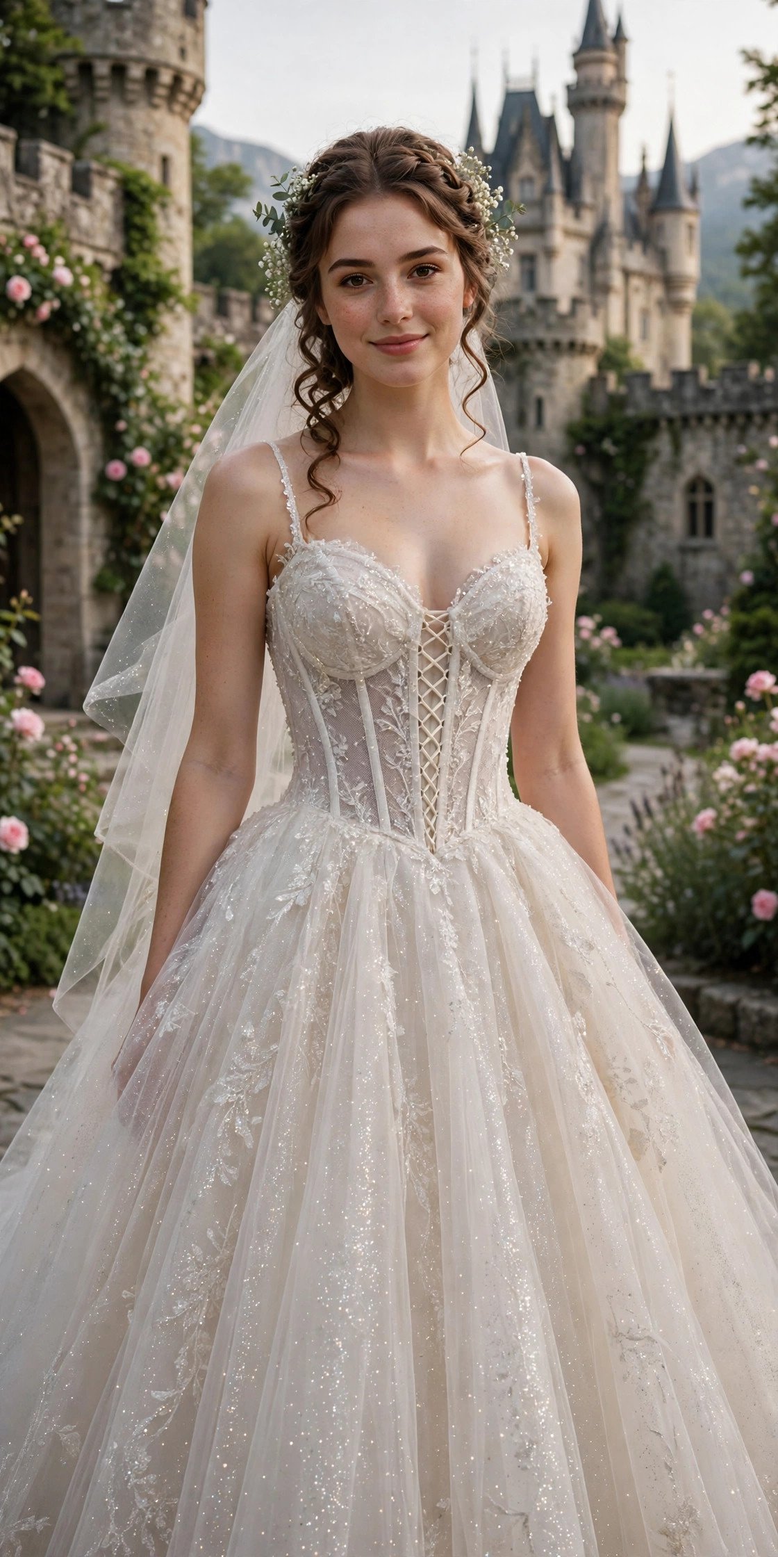 Glitter Tulle Gown With a Corset Bodice — fairytale castle wedding dresses idea for a 2027 wedding