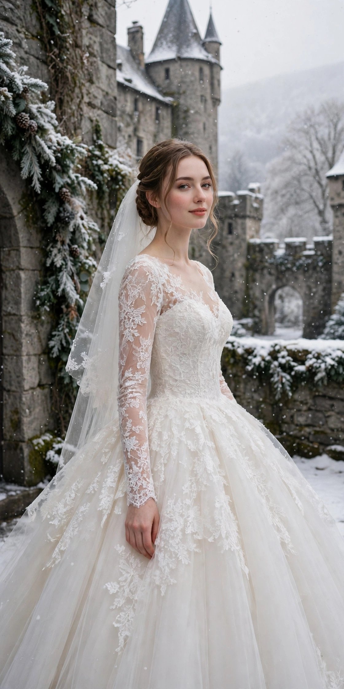 Long-Sleeve Lace Ball Gown for a Winter Castle — fairytale castle wedding dresses idea for a 2027 wedding
