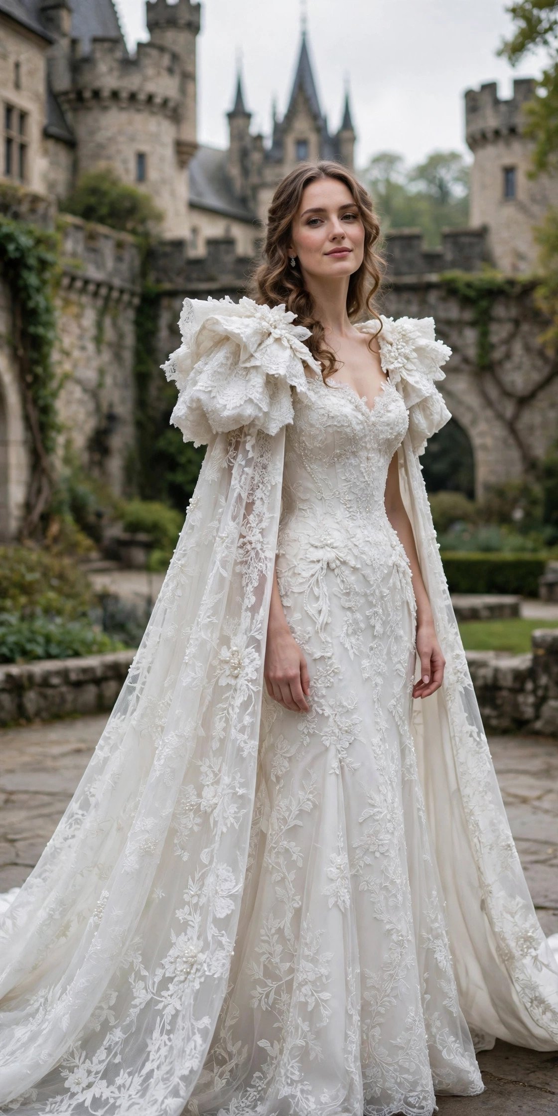 Cape-Train Gown With Regal Shoulder Drama — fairytale castle wedding dresses idea for a 2027 wedding