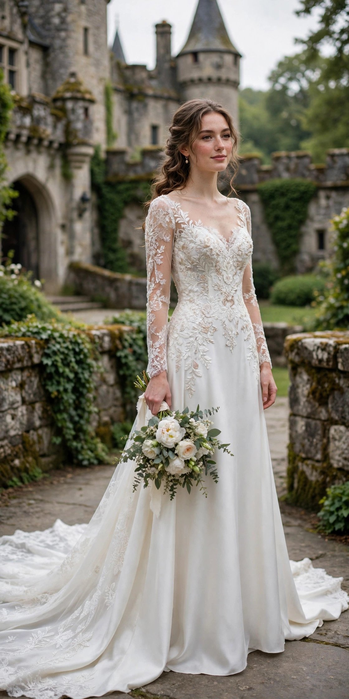 Embroidered Bodice Gown With a Flowing Train — fairytale castle wedding dresses idea for a 2027 wedding