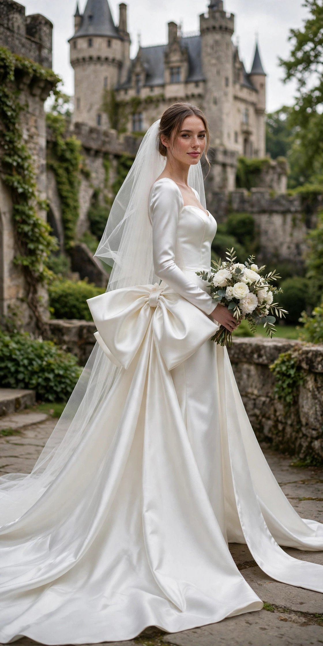 Sleek Satin Gown With a Dramatic Bow Train — fairytale castle wedding dresses idea for a 2027 wedding