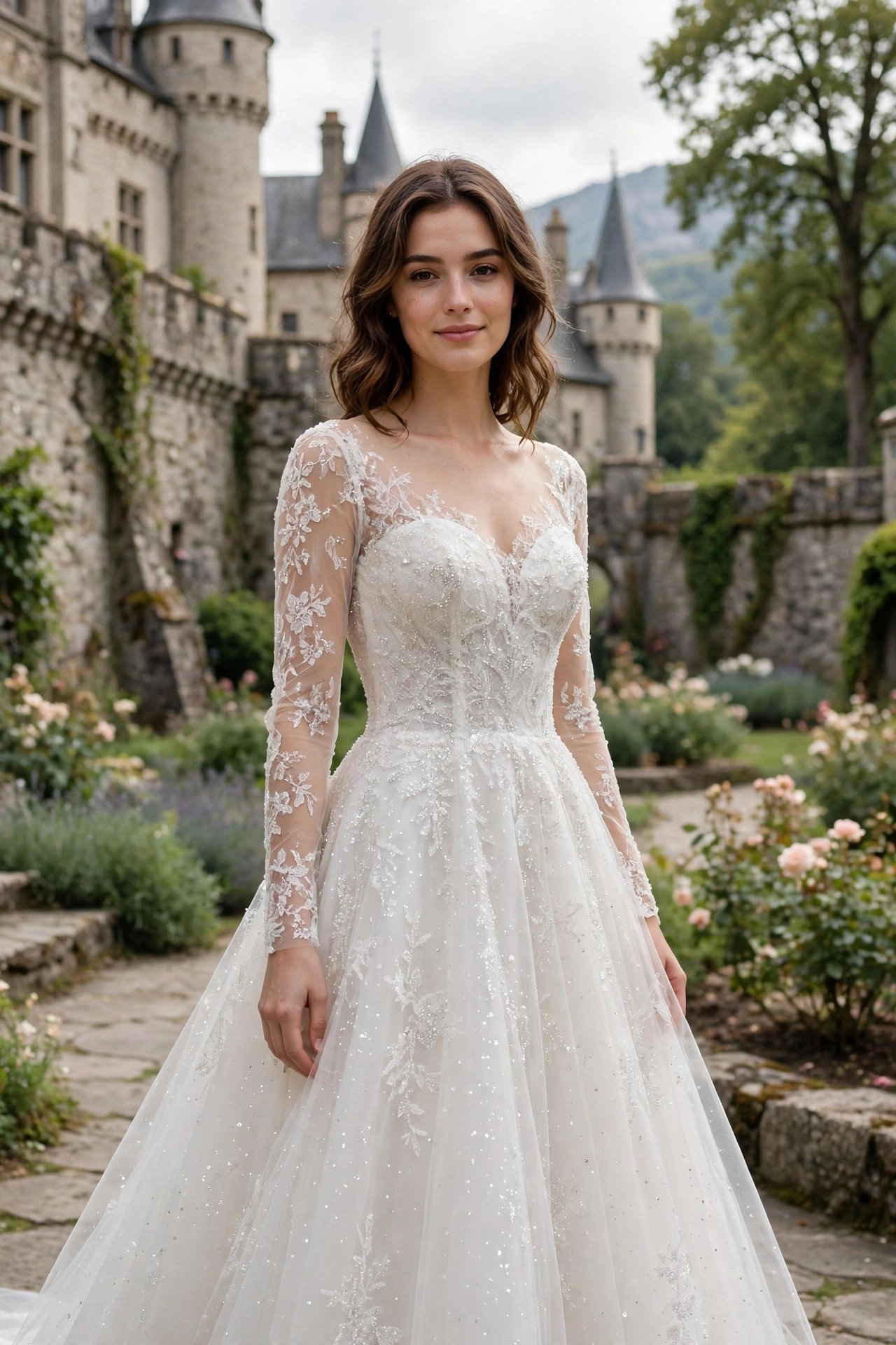 Sparkling A-Line With Illusion Sleeves — fairytale castle wedding dresses idea for a 2027 wedding