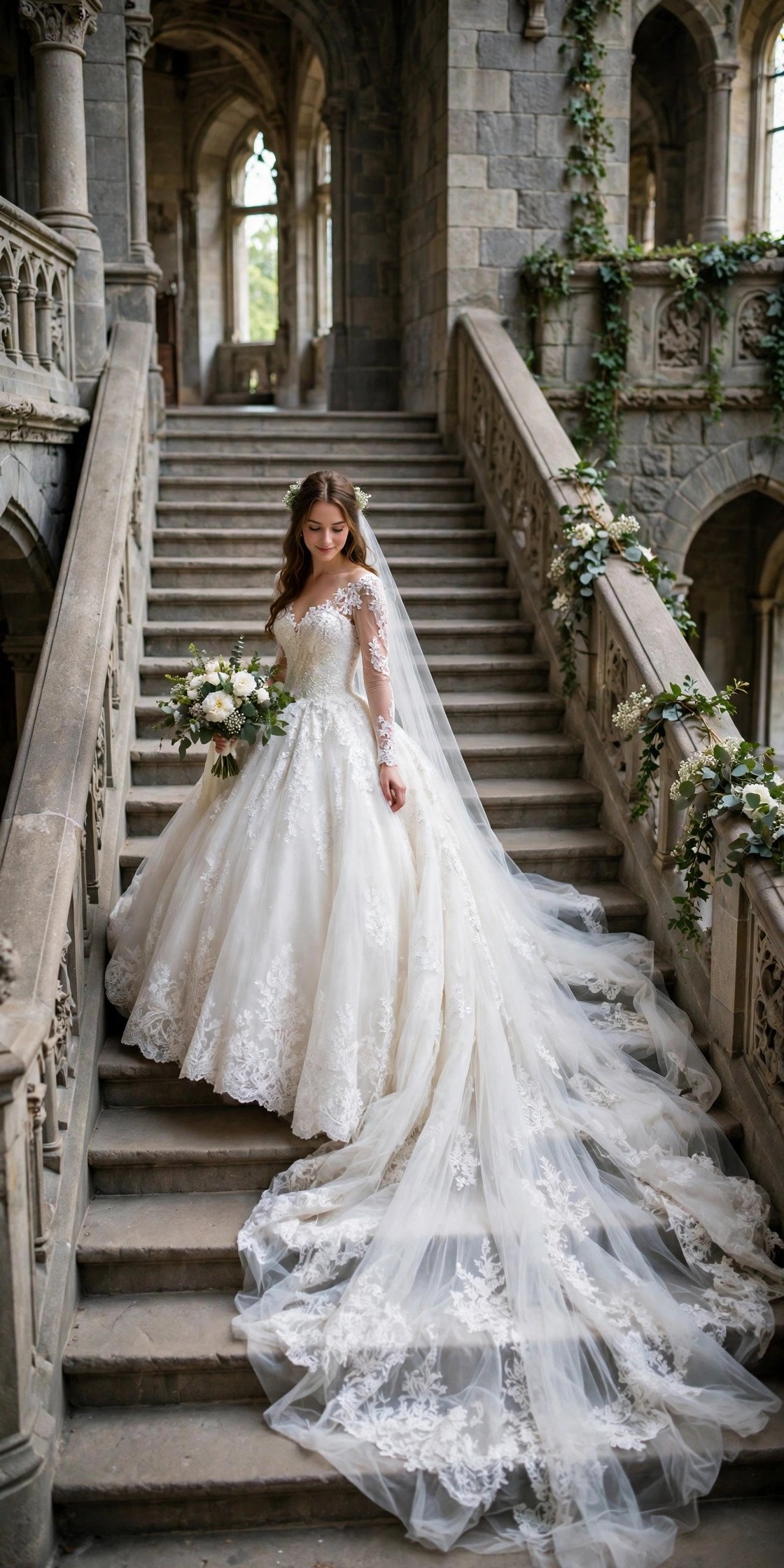 Bride in a grand fairytale ball gown descending a castle staircase with a long train
