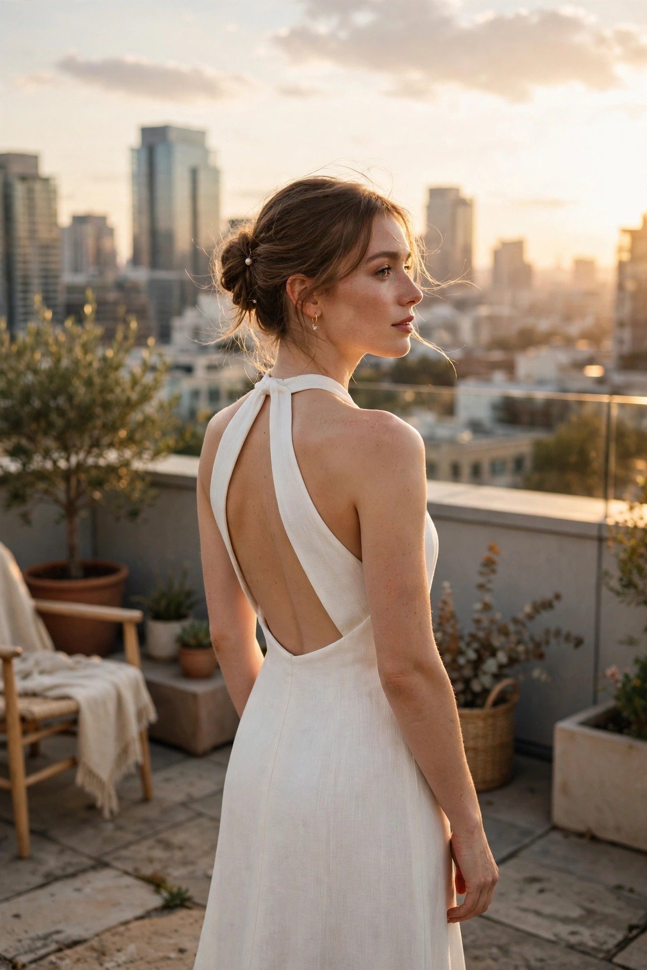 Bride in a minimalist halter wedding gown with an open back