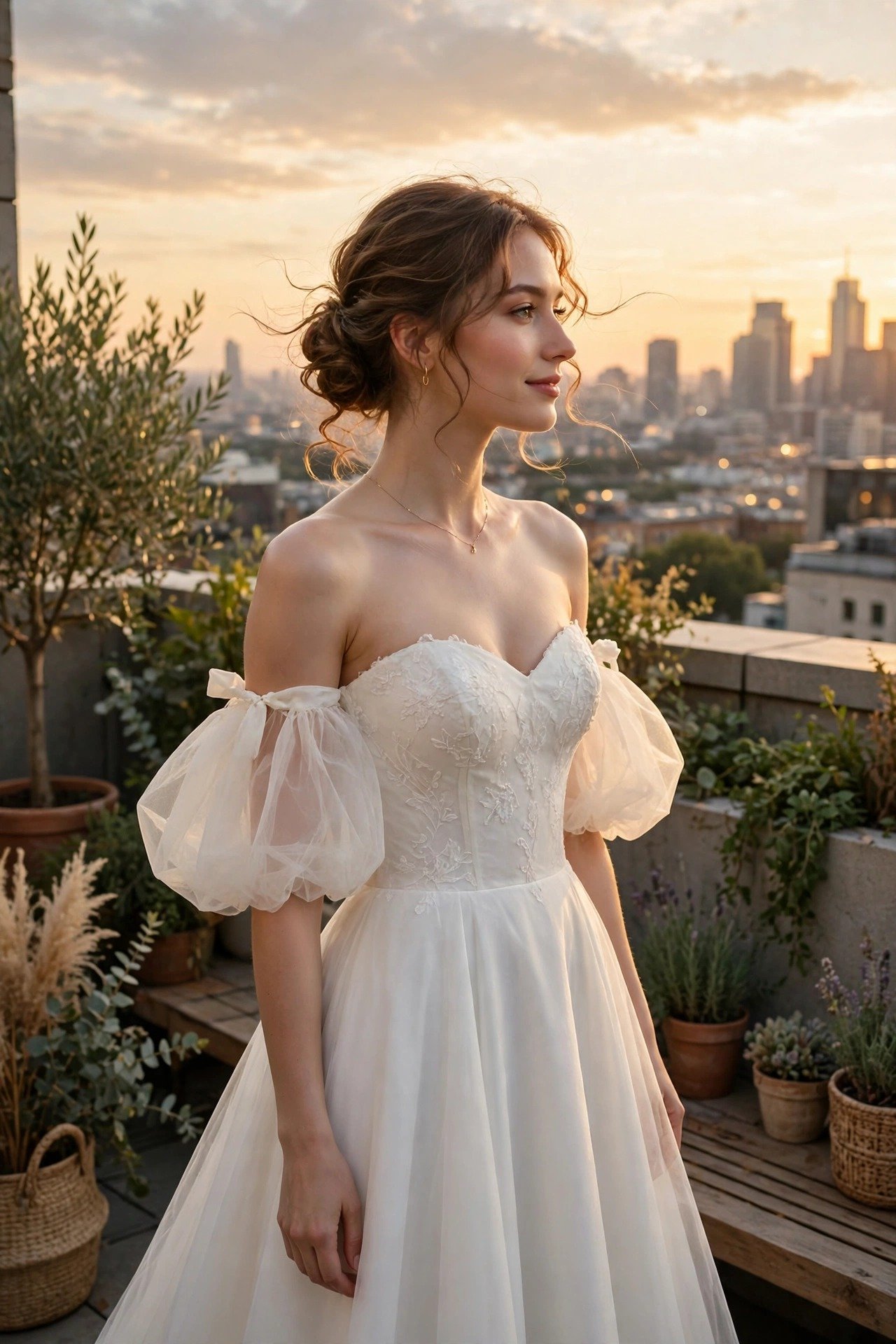Bride in a strapless wedding gown with detachable puff sleeves