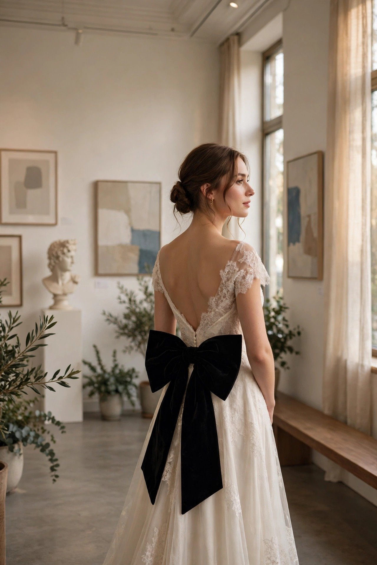 Bride in an ivory wedding gown with a large black velvet bow at the back