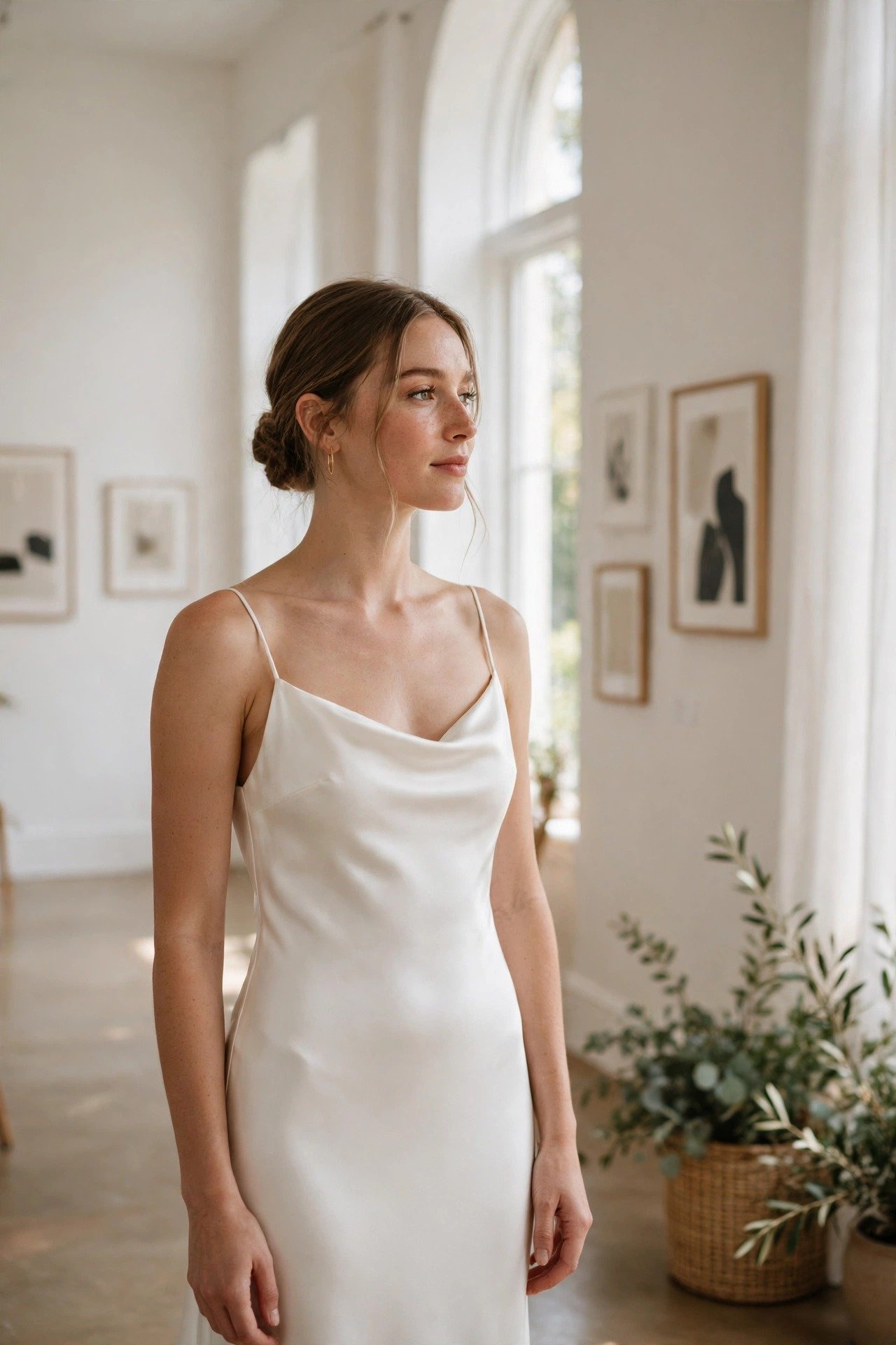 Bride in a sleek satin slip wedding dress in a white-walled gallery