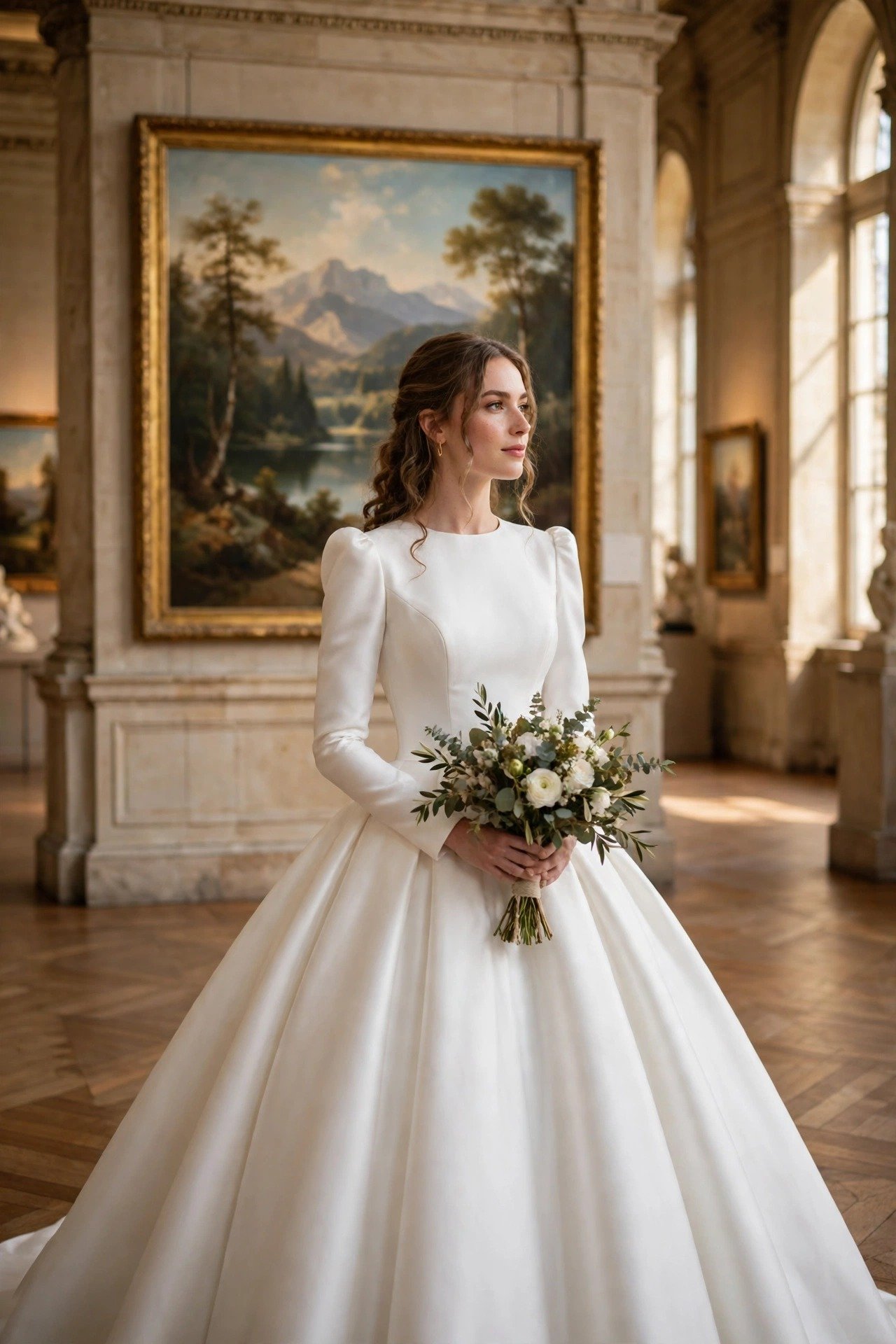 Bride in a structured unadorned ball gown standing before a large painting