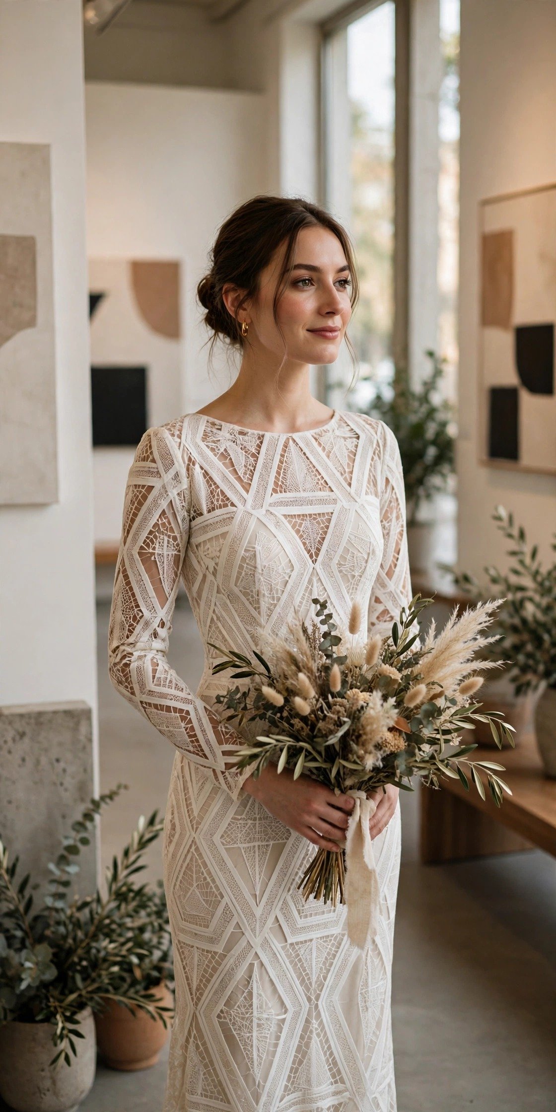 Bride in a sheath wedding dress with bold geometric lace pattern
