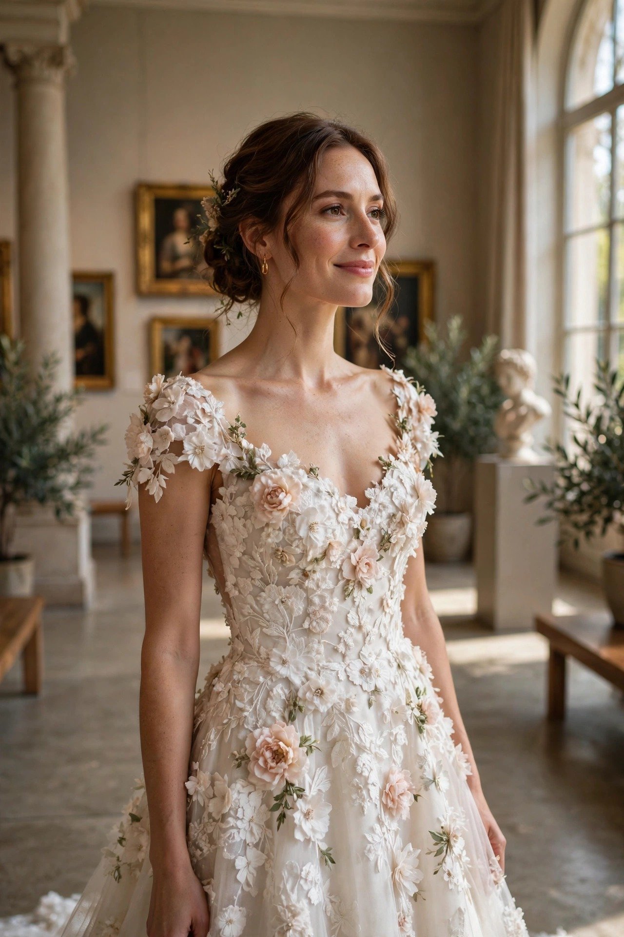 Bride in a wedding gown covered in three-dimensional floral appliqués