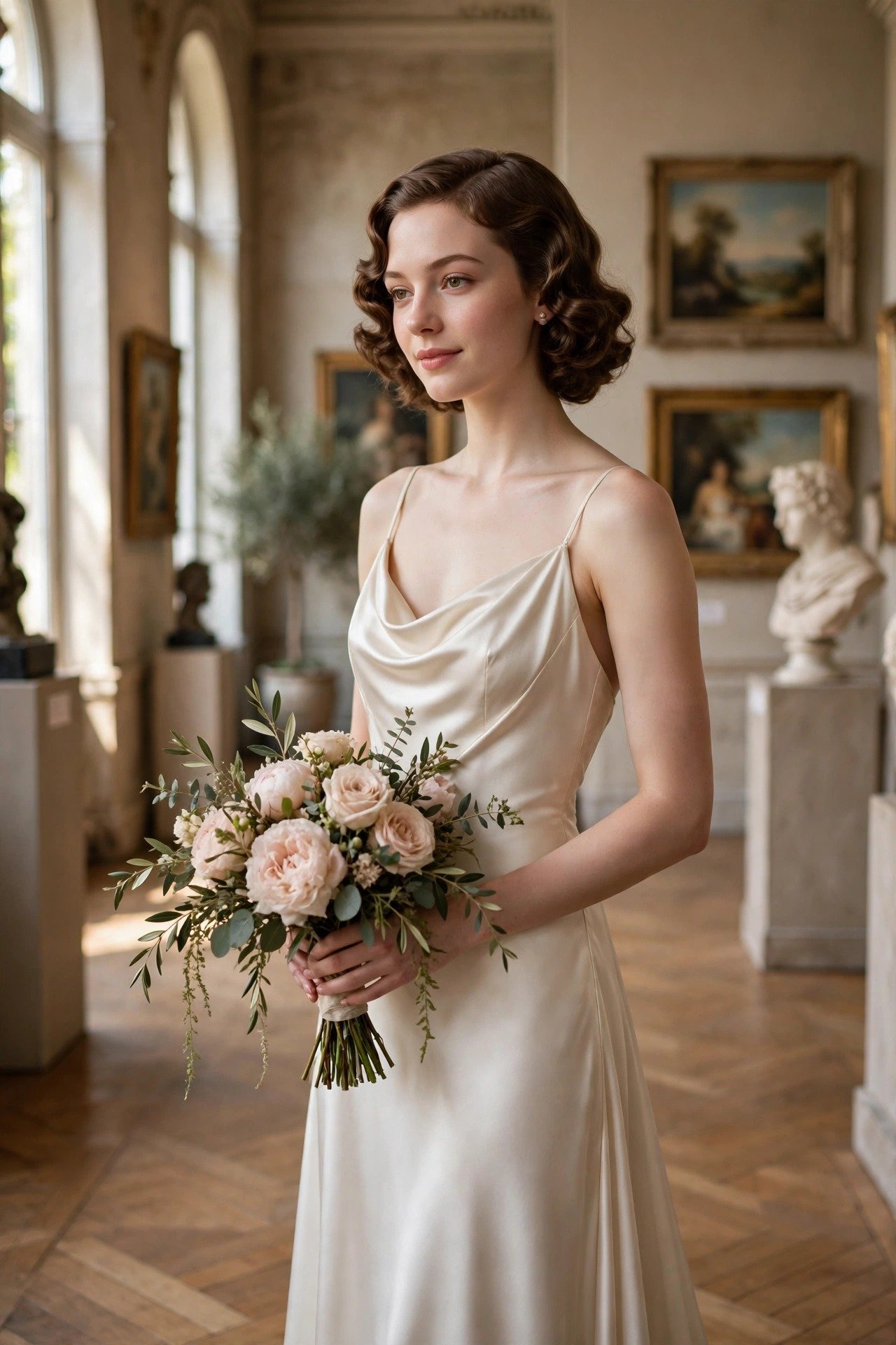 Bride in a vintage 1930s style bias-cut satin wedding gown