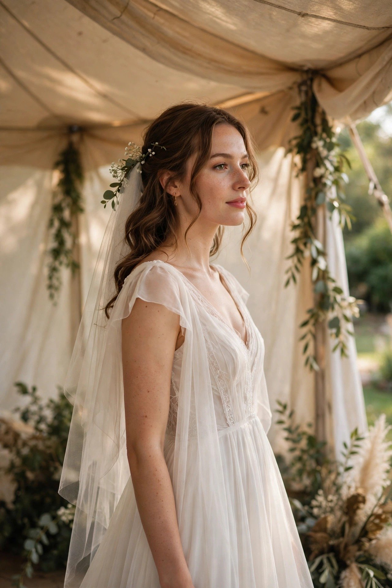 Bride in a lightweight chiffon A-line wedding dress under a sailcloth tent