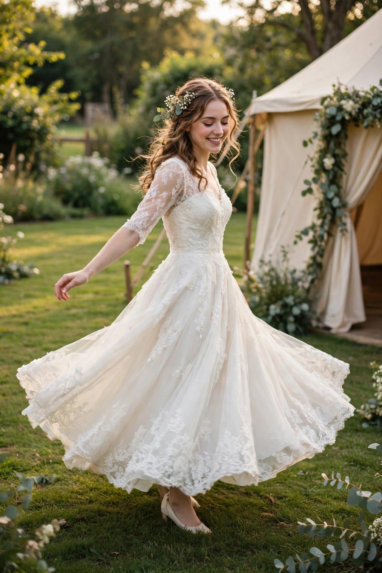Bride in a tea-length wedding dress twirling on a lawn beside a tent