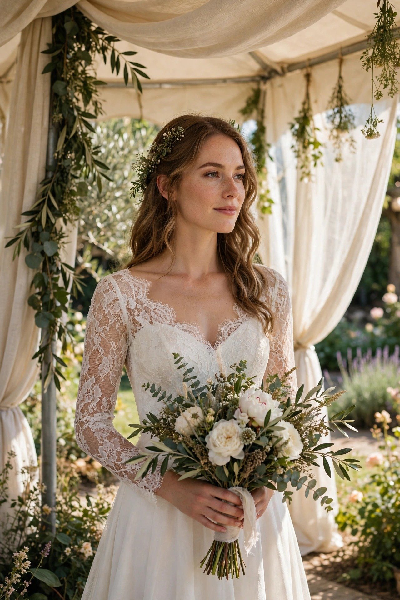 Bride in a cotton lace wedding gown in a sunlit garden tent