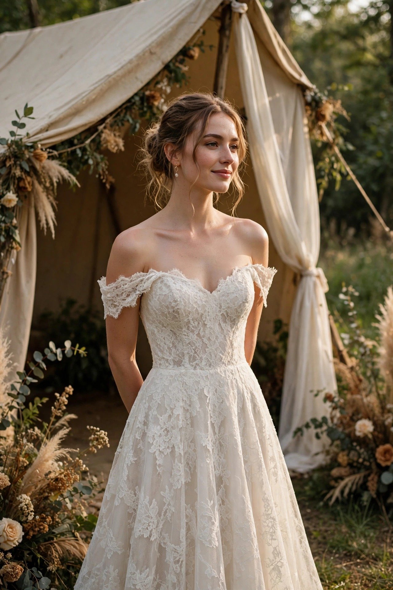 Bride in an off-the-shoulder rustic lace A-line wedding dress by a tent