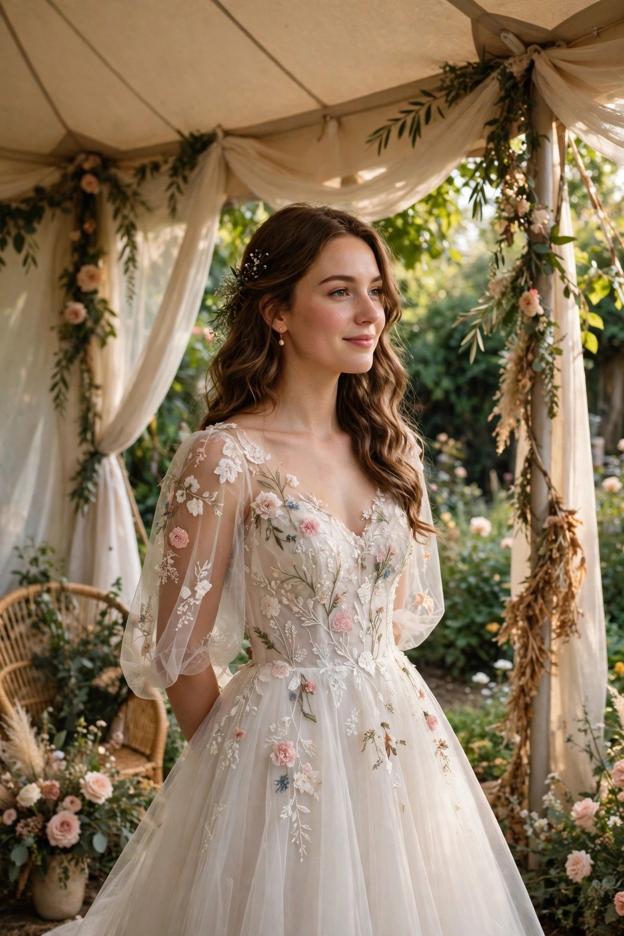 Bride in a tulle wedding gown embroidered with flowers in a garden tent