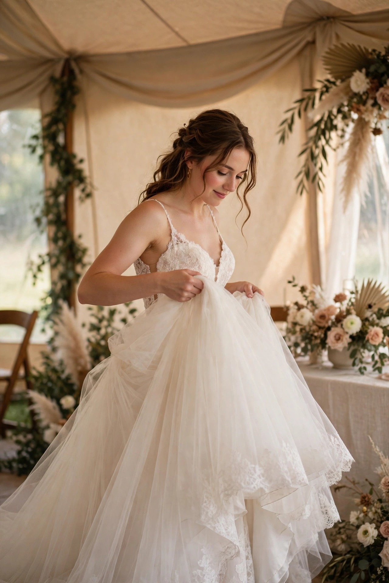 Bride in a convertible wedding dress removing an overskirt inside a reception tent