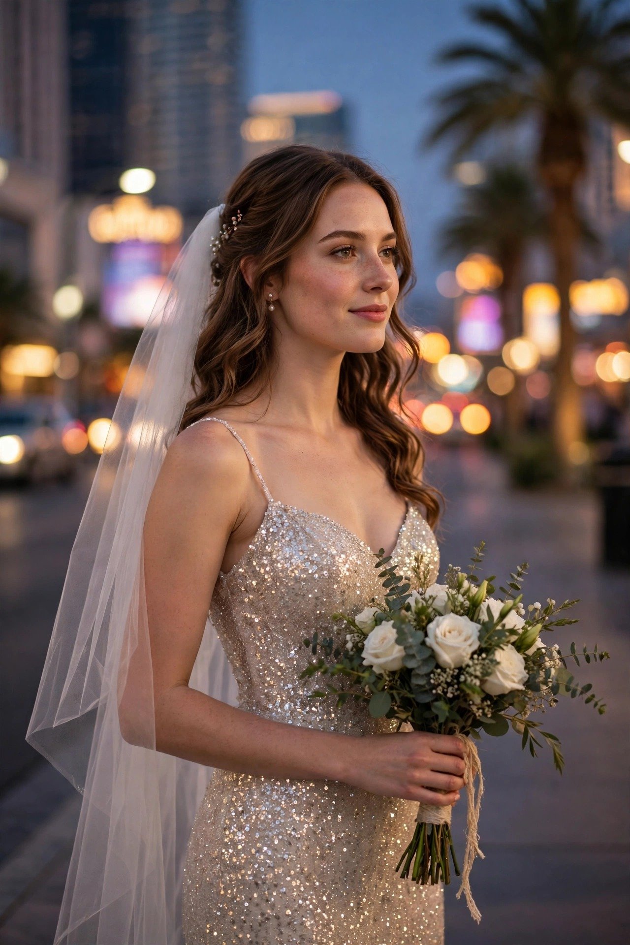 Bride in a glittering sequin sheath wedding dress under Las Vegas lights