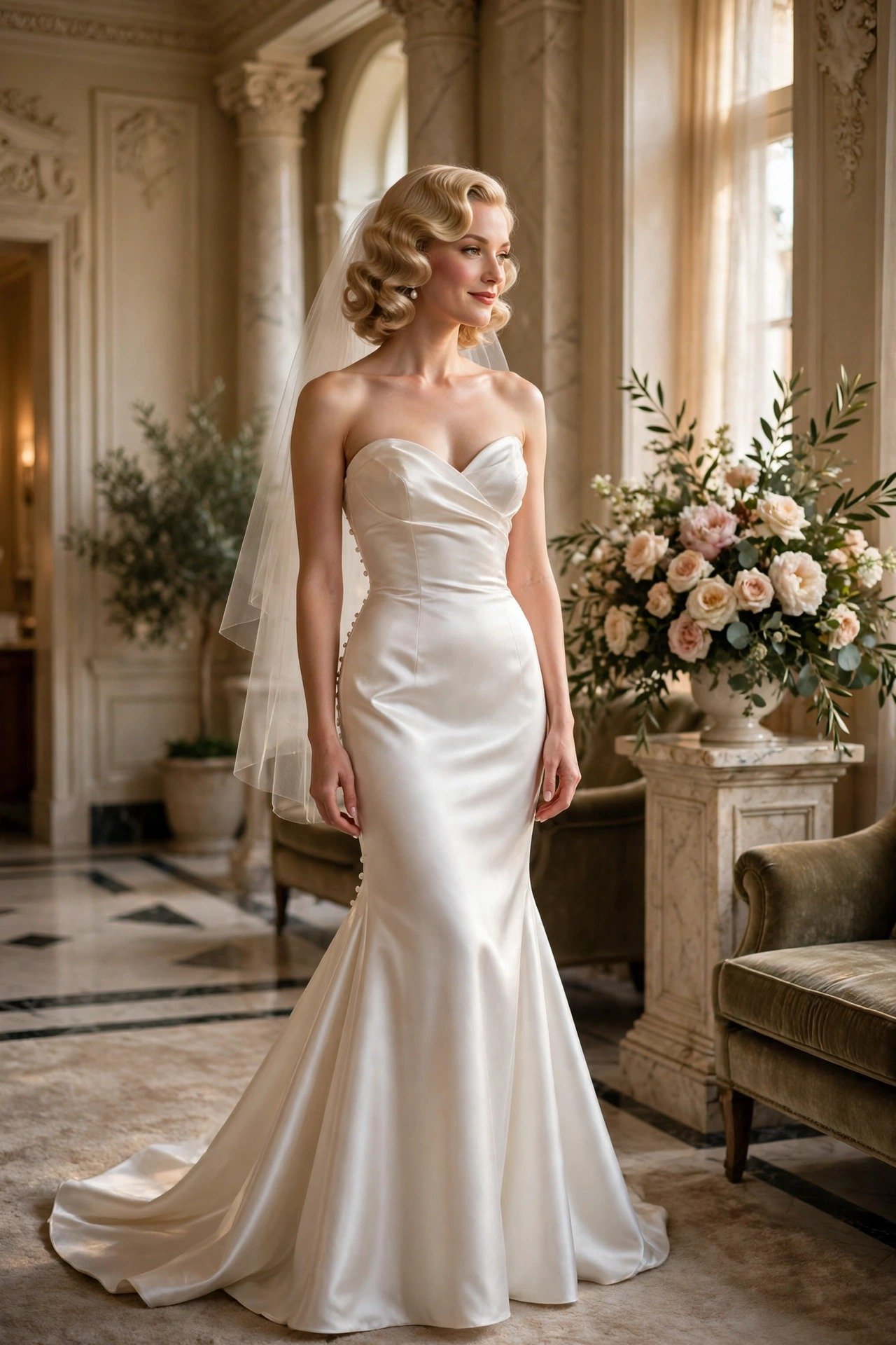 Bride in an old-Hollywood style satin mermaid wedding gown