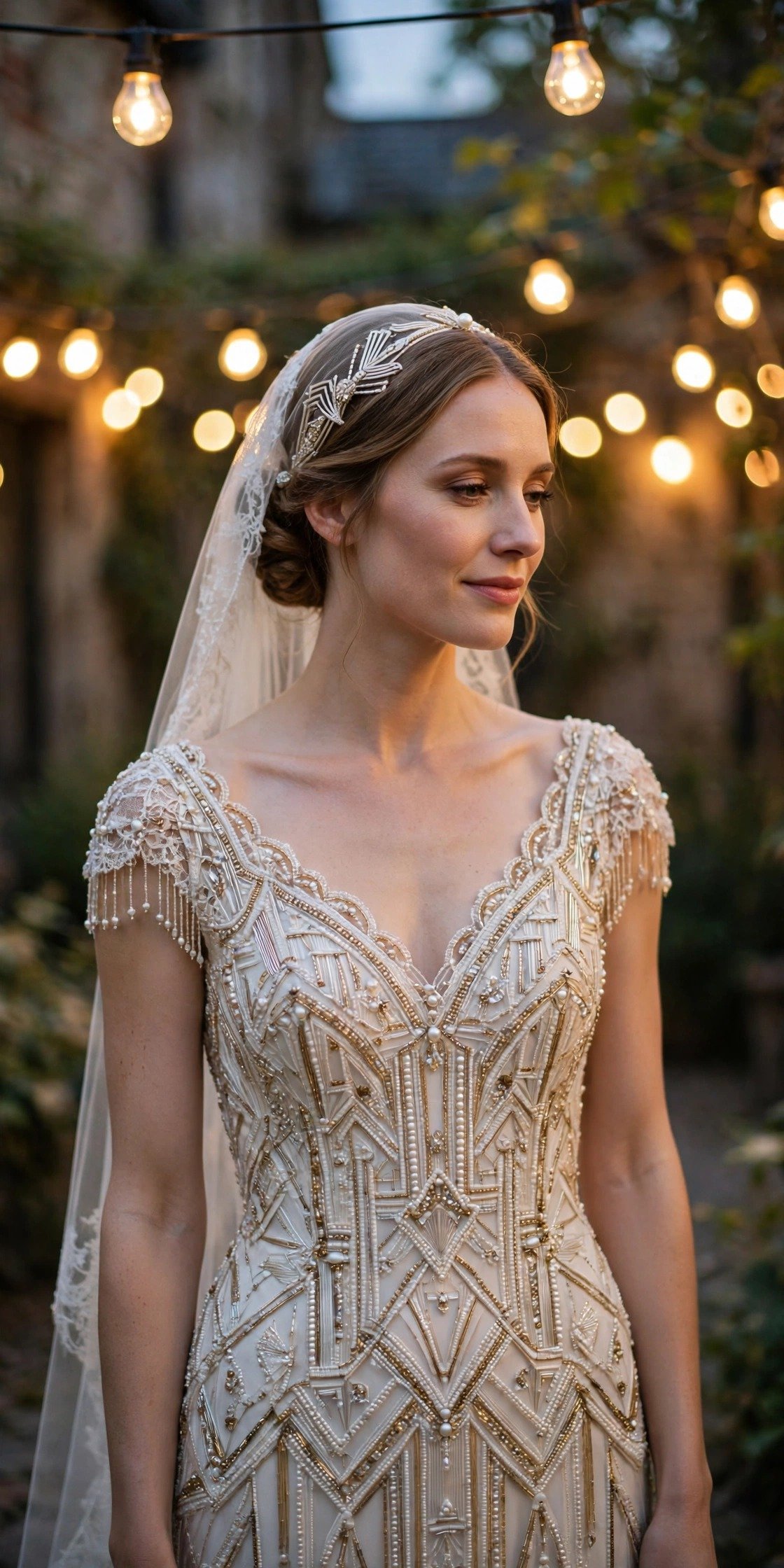 Bride in a beaded art deco wedding gown in front of a vintage Las Vegas sign
