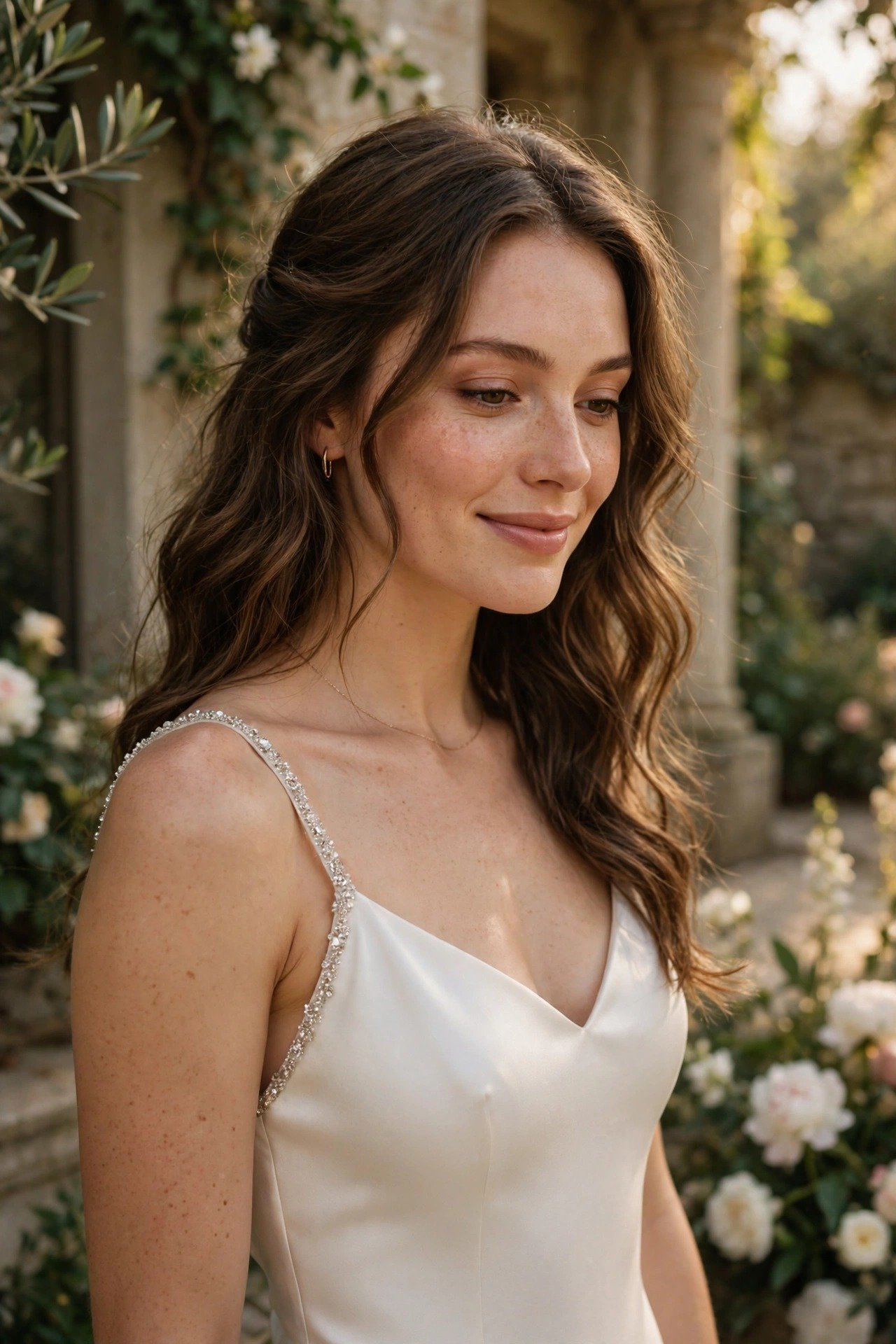 Bride in a slip wedding dress with sparkling rhinestone straps