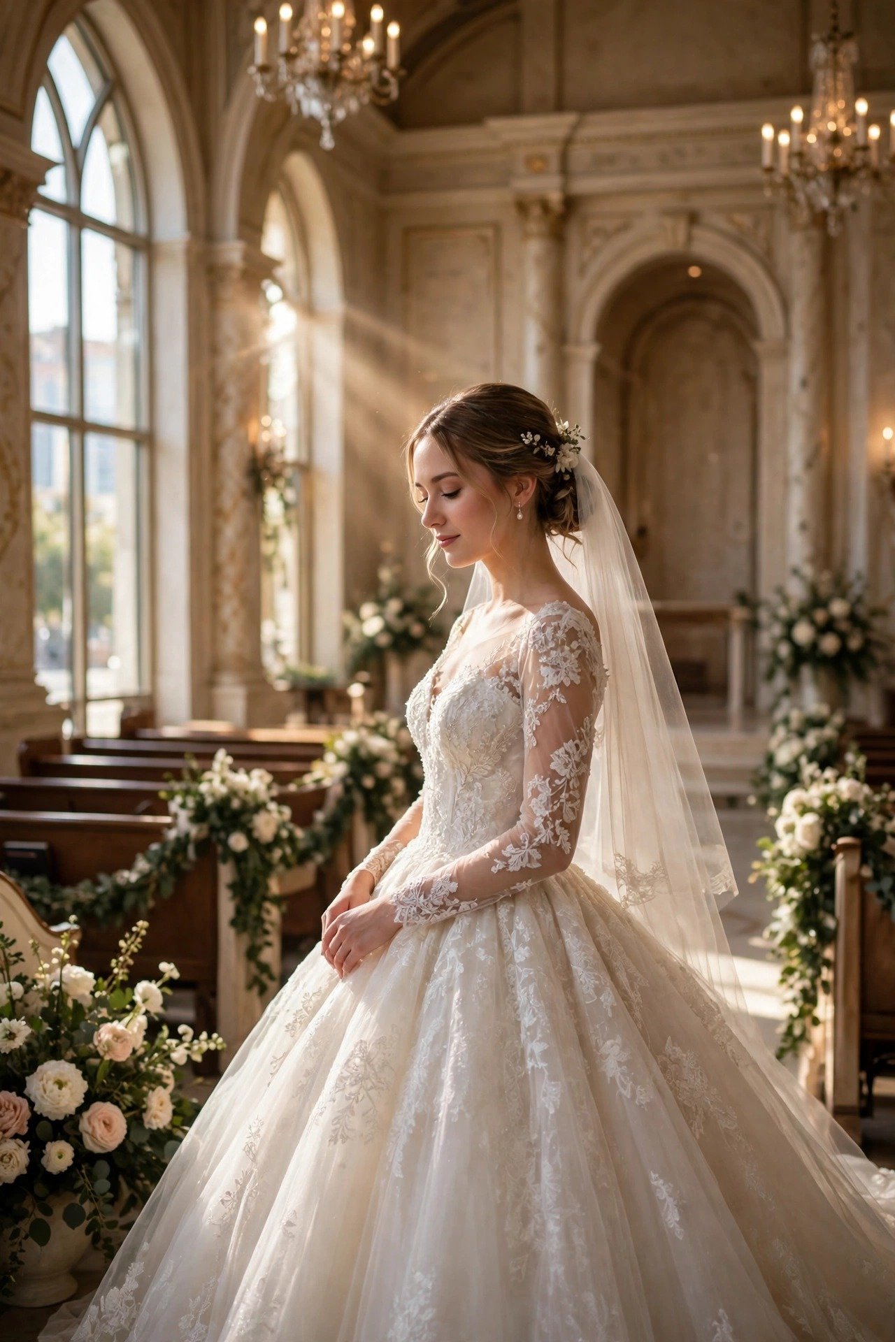 Bride in a grand ball gown inside an elegant Las Vegas hotel chapel