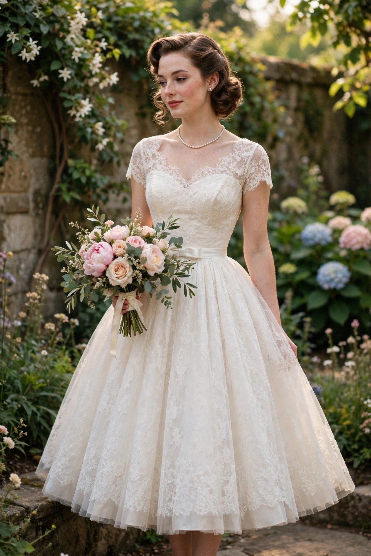 Bride in a retro 1950s tea-length wedding dress with a full skirt