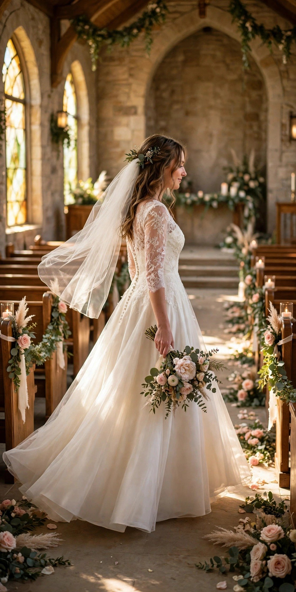 Bride in a classic A-line wedding dress walking down a chapel aisle