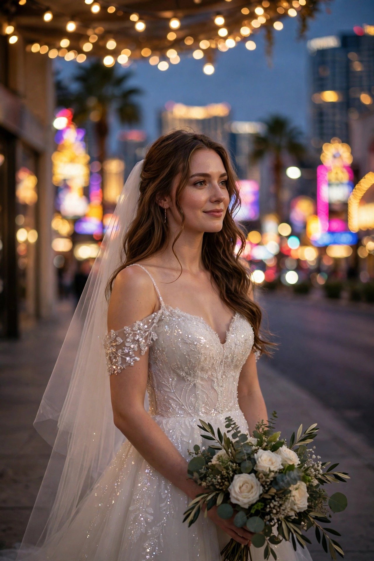 Bride in a sparkling gown posing beneath the glowing lights of the Las Vegas Strip at dusk