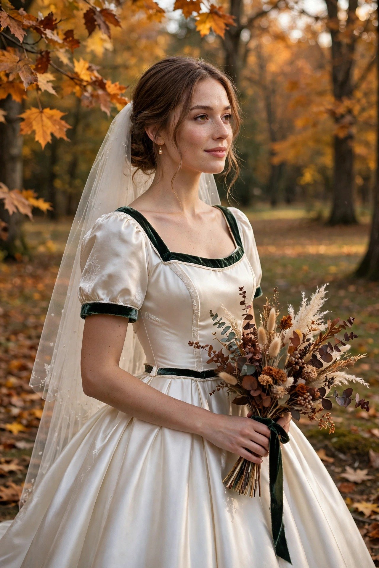 Bride in a satin ball gown with velvet trim details