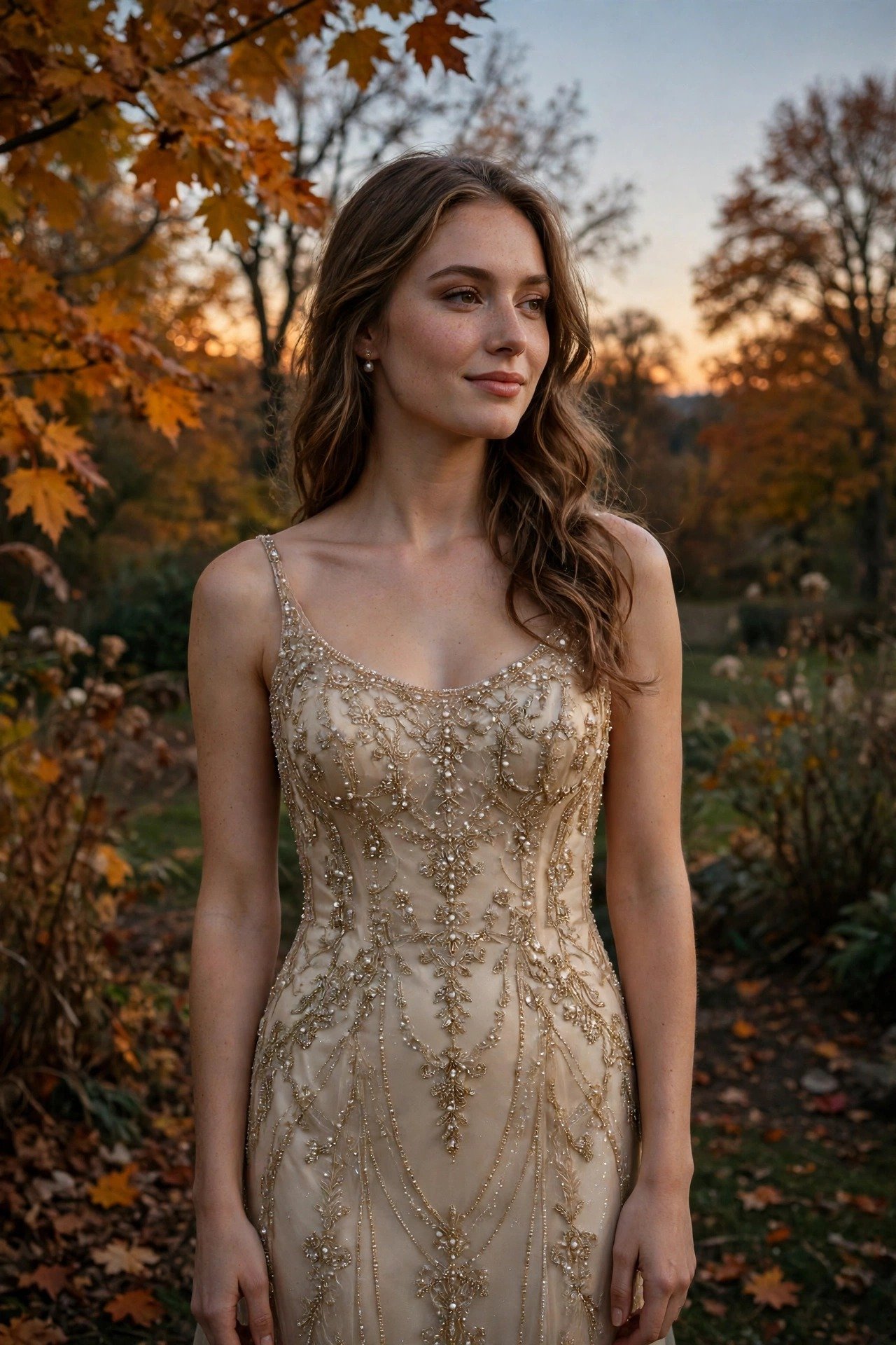 Bride in a champagne gold beaded sheath wedding dress at dusk