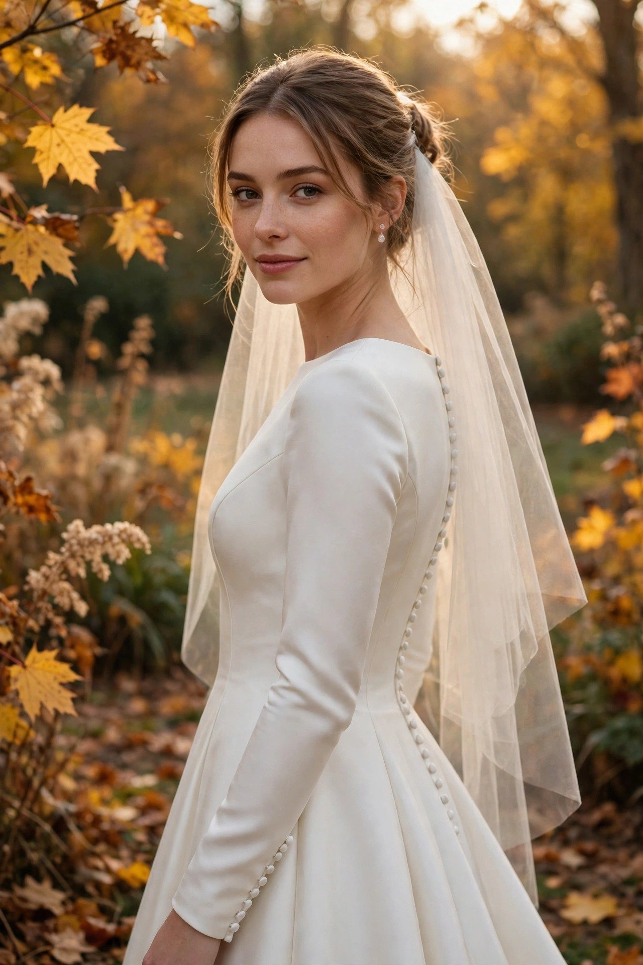 Bride in a mikado wedding gown with long sleeves and a buttoned back