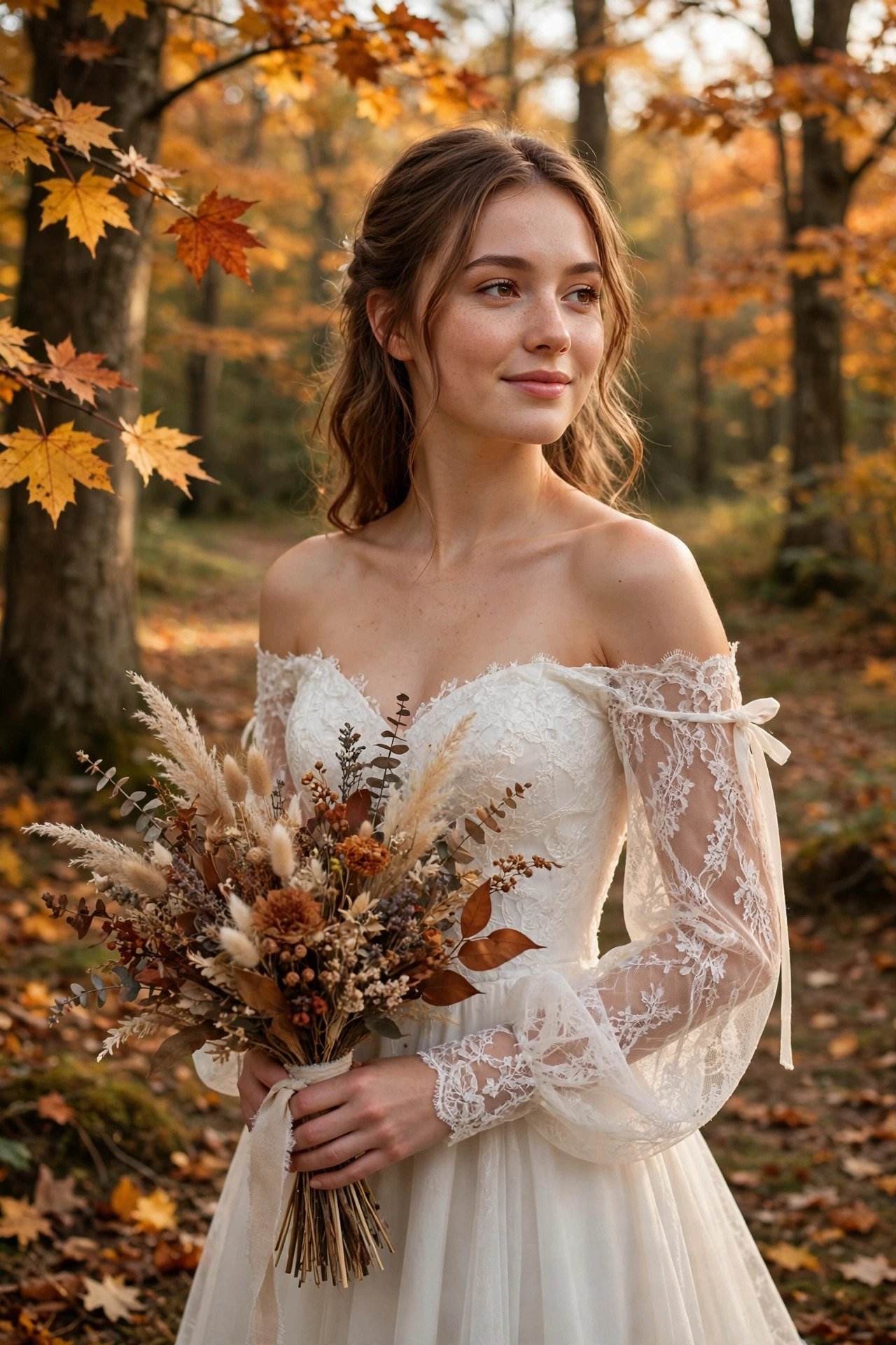 Bride in an off-the-shoulder wedding gown with detachable long sleeves
