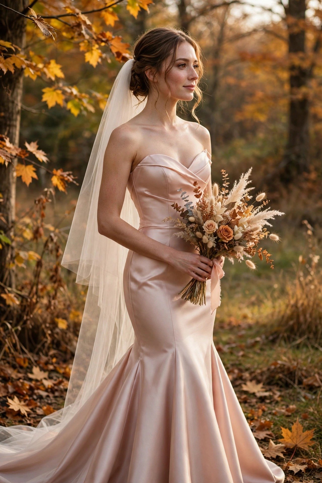 Bride in a warm blush satin mermaid wedding gown