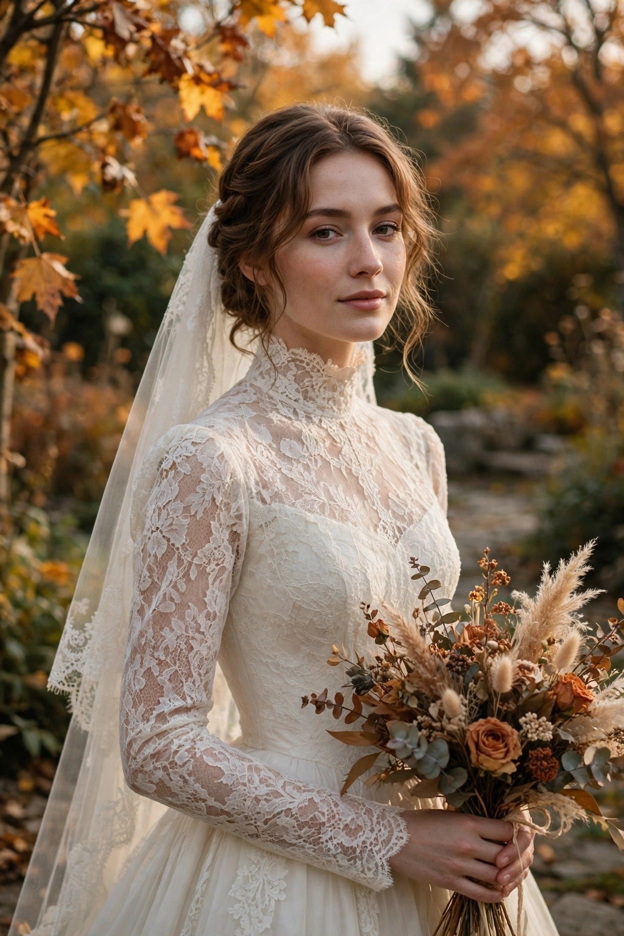 Bride in a high-neck Victorian-style lace wedding gown