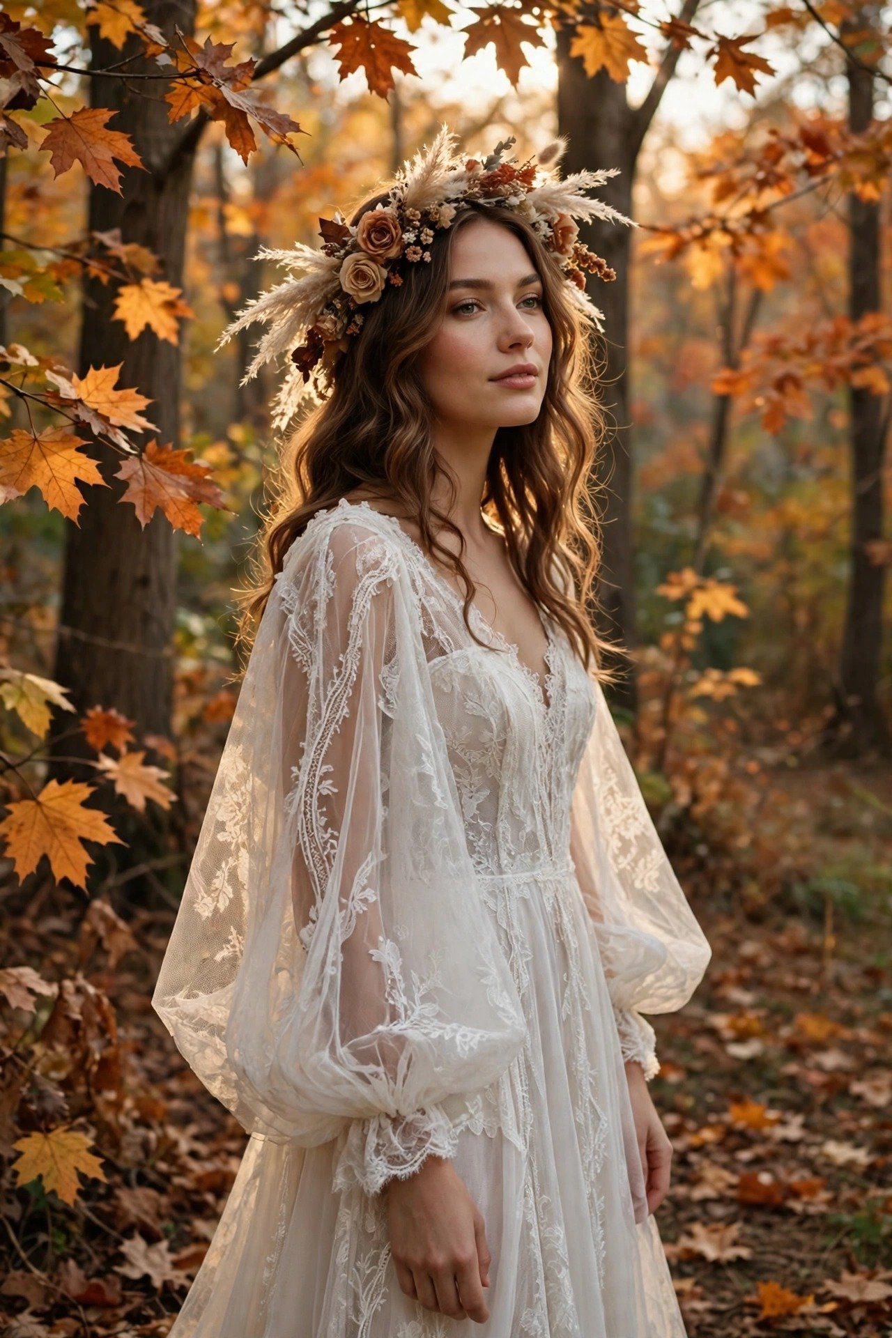 Bride in a bohemian wedding dress with billowing bishop sleeves