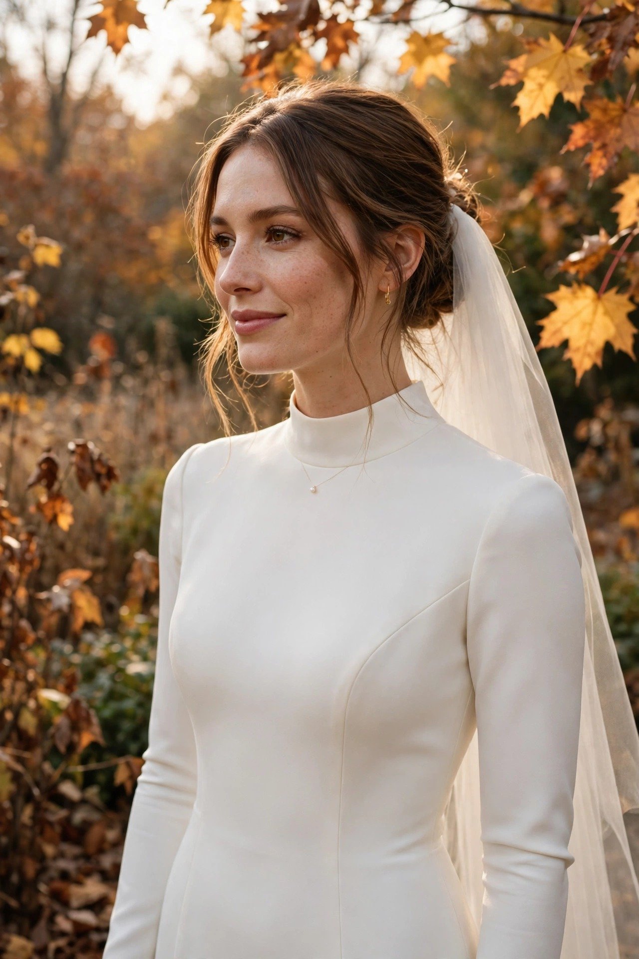 Bride in a mock-neck crepe column wedding dress