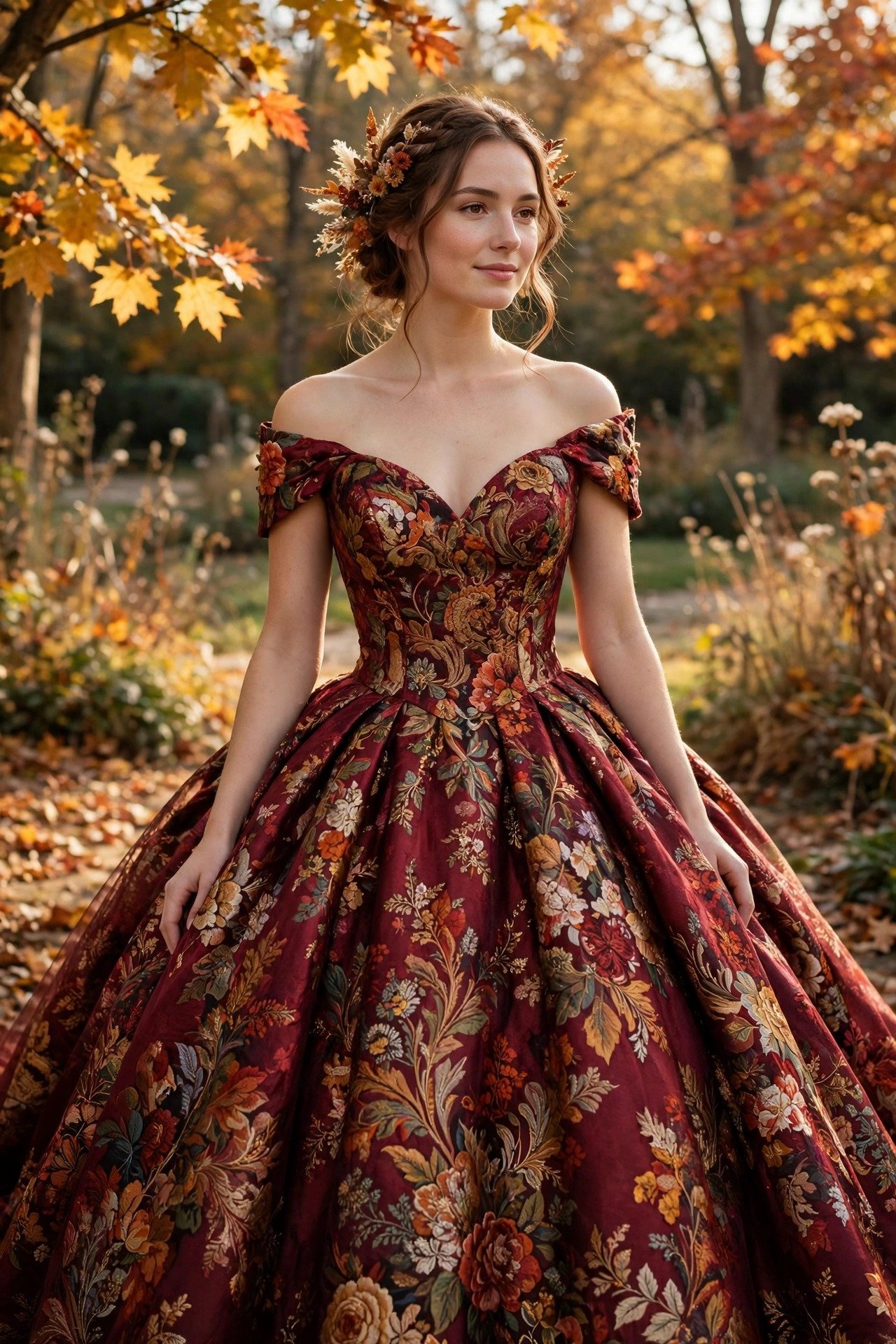Bride in a rich brocade ball gown with a woven floral pattern