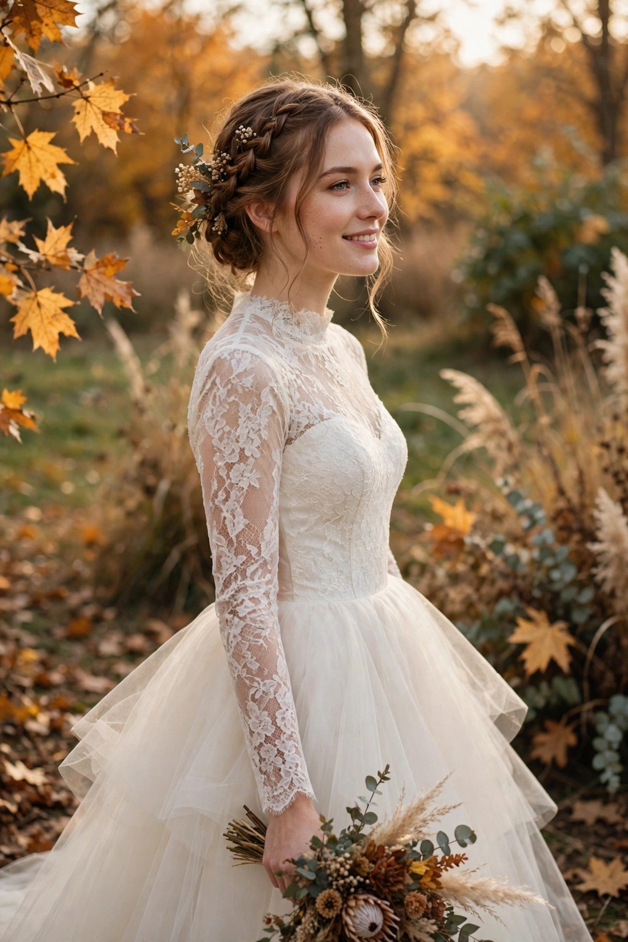 Bride in a layered tulle wedding gown with a fitted lace sleeve bodice