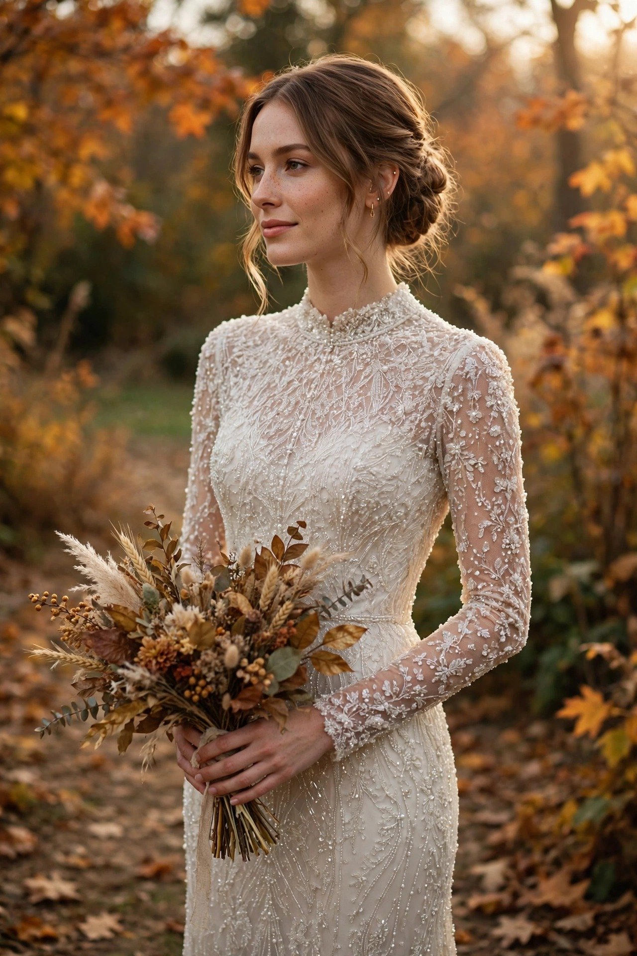 Bride in a fully beaded long-sleeve sheath wedding dress