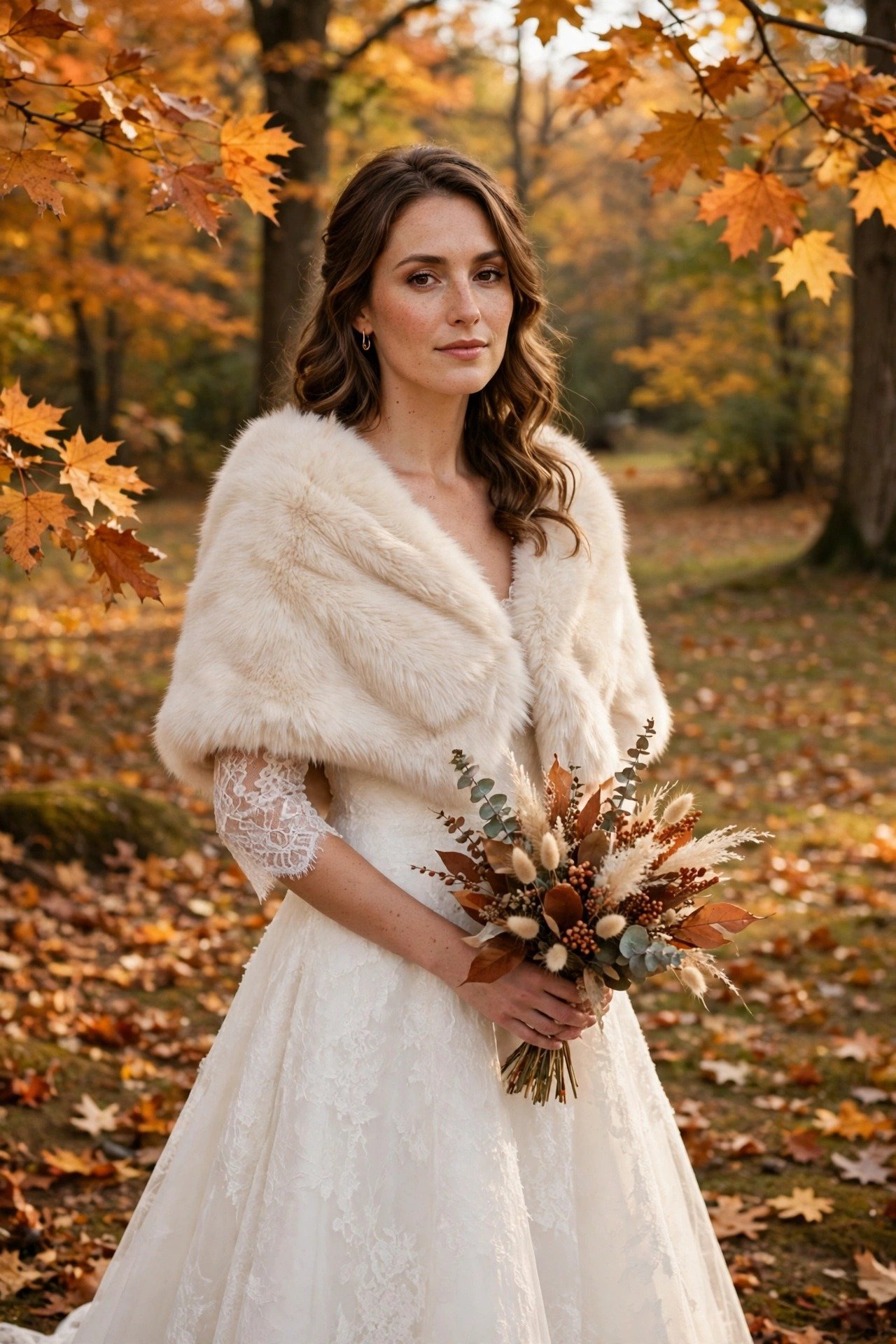 Bride in an A-line wedding dress wearing a faux-fur stole over her shoulders